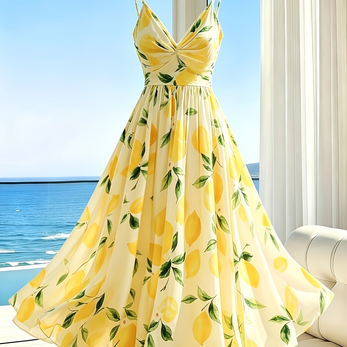 TEMU Women's Elegant Casual Lemon Print Spaghetti Strap Long Dress, Tropical V-neck A-line Vacation Beachwear Dress - Niannian Targeted