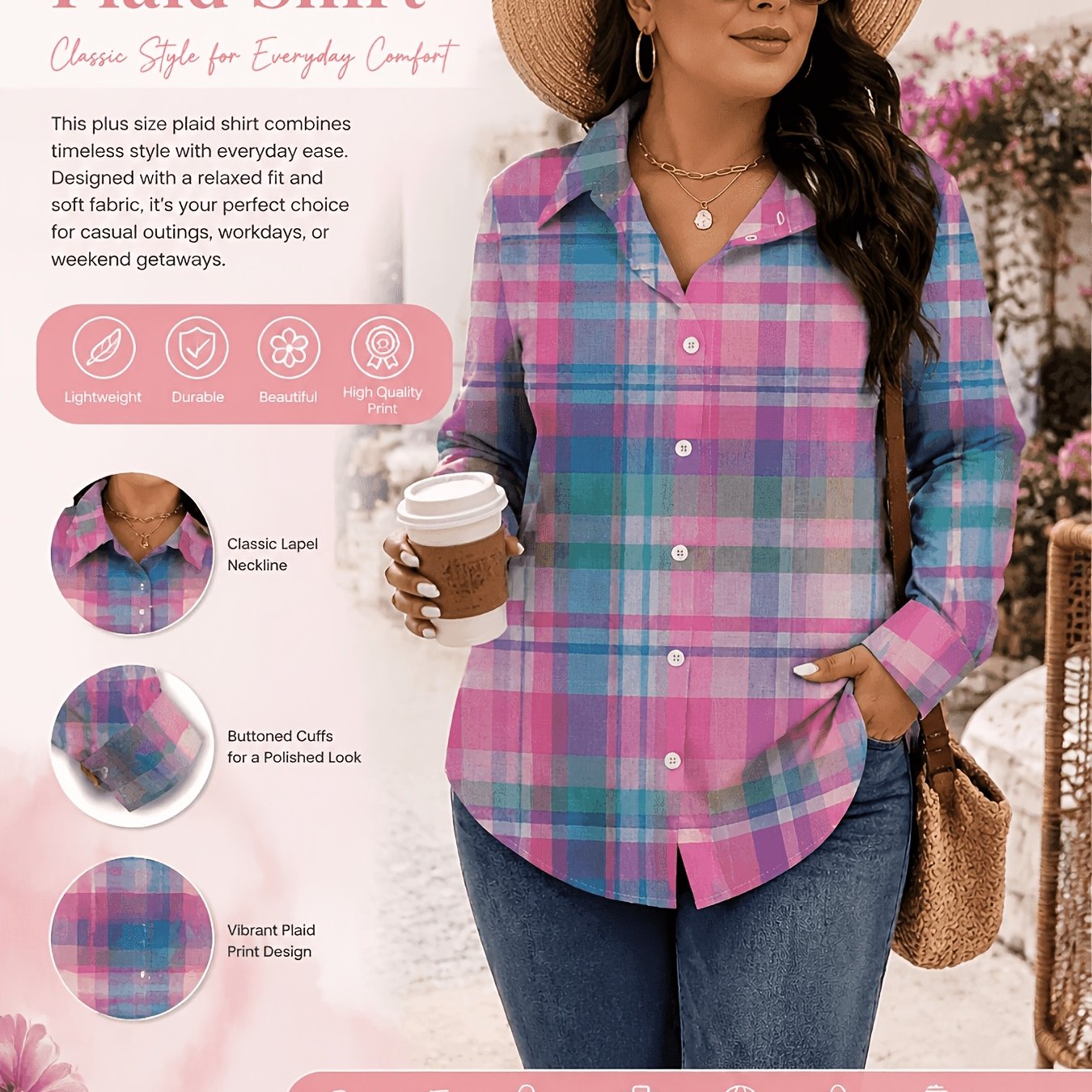 TEMU Plus Size Women's Long Sleeve Shirt Cardigan Loose Fit Plaid Print Lapel Single Breasted Button Office Casual Versatile Top 1xl-9xl Women's