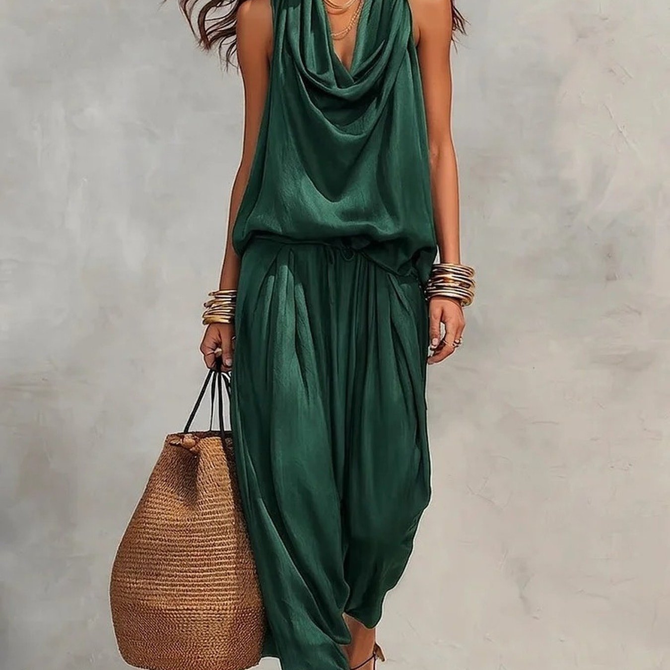 Image of Women's Casual Pleated Blouse And Casual Pants Set With A Sophisticated Touch