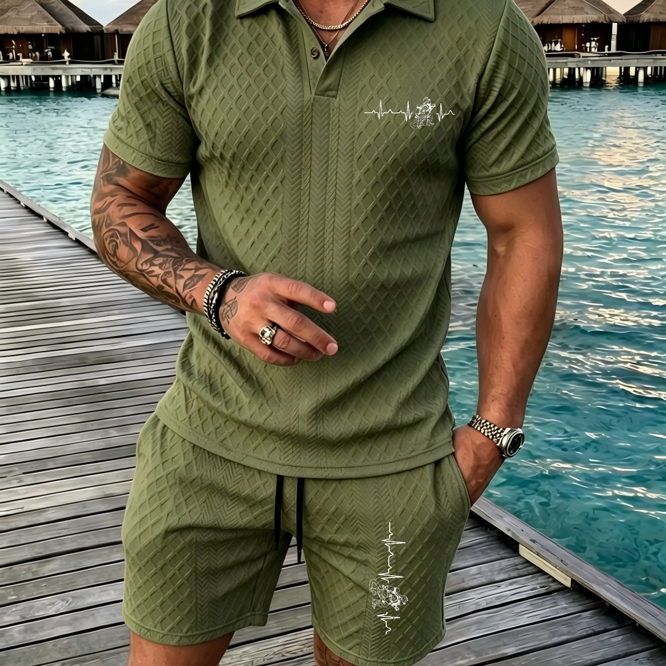 TEMU Men's Ecg Print Short Sleeve And Shorts Set, Rhombus Jacquard Fabric, 2pcs Set For Beach And Daily Casual Wear