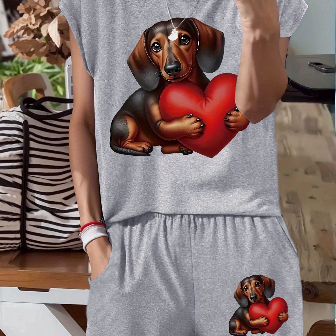 TEMU Women's Casual Sleeveless T-shirt And Shorts Set With Dachshund And Heart - Spring/summer, Round Neck, Pocketed Shorts, Casual Wear|