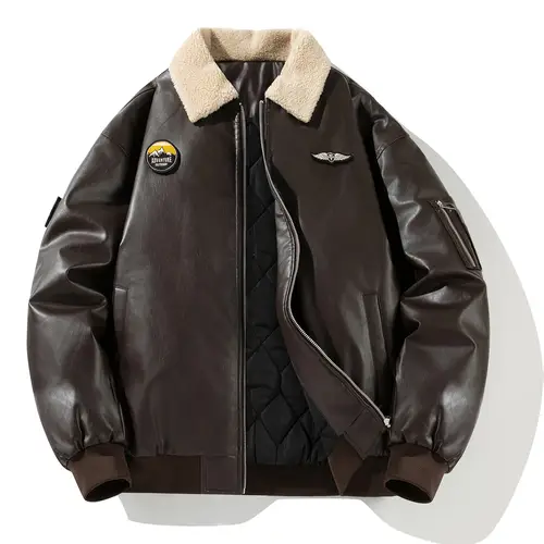 mens leather solid color jacket with pockets casual lapel zipper long sleeved coat suitable for outdoor activities