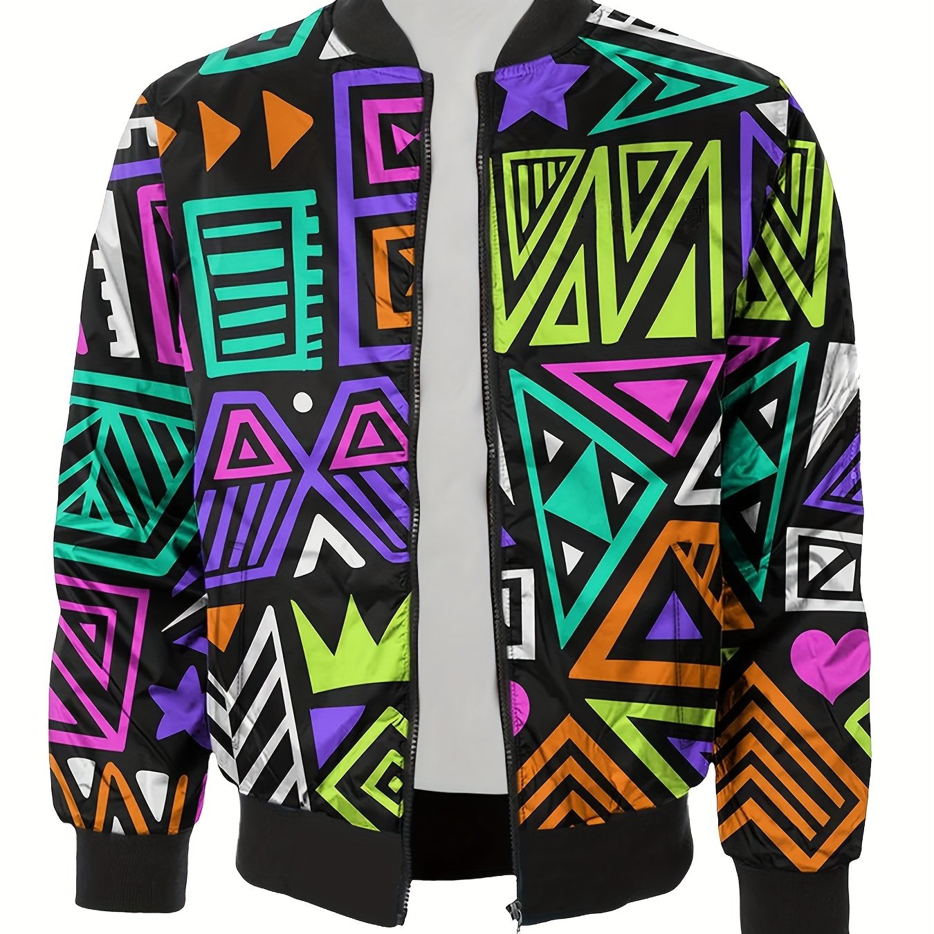 TEMU Men's Sporty Geometric Print Jacket - Polyester, Zip-up Baseball Collar With Pockets, Machine Washable - Spring/fall