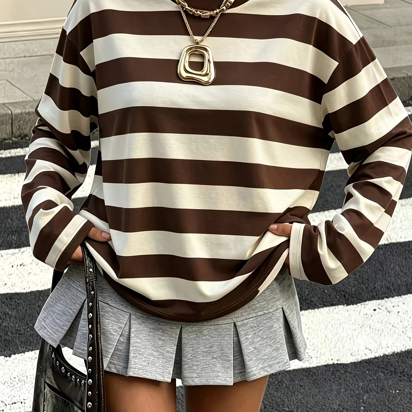 TEMU Fashion Casual Versatile Striped Long Sleeve Women's Spring Autumn Outdoor Athletic Round Neck T-shirt Top