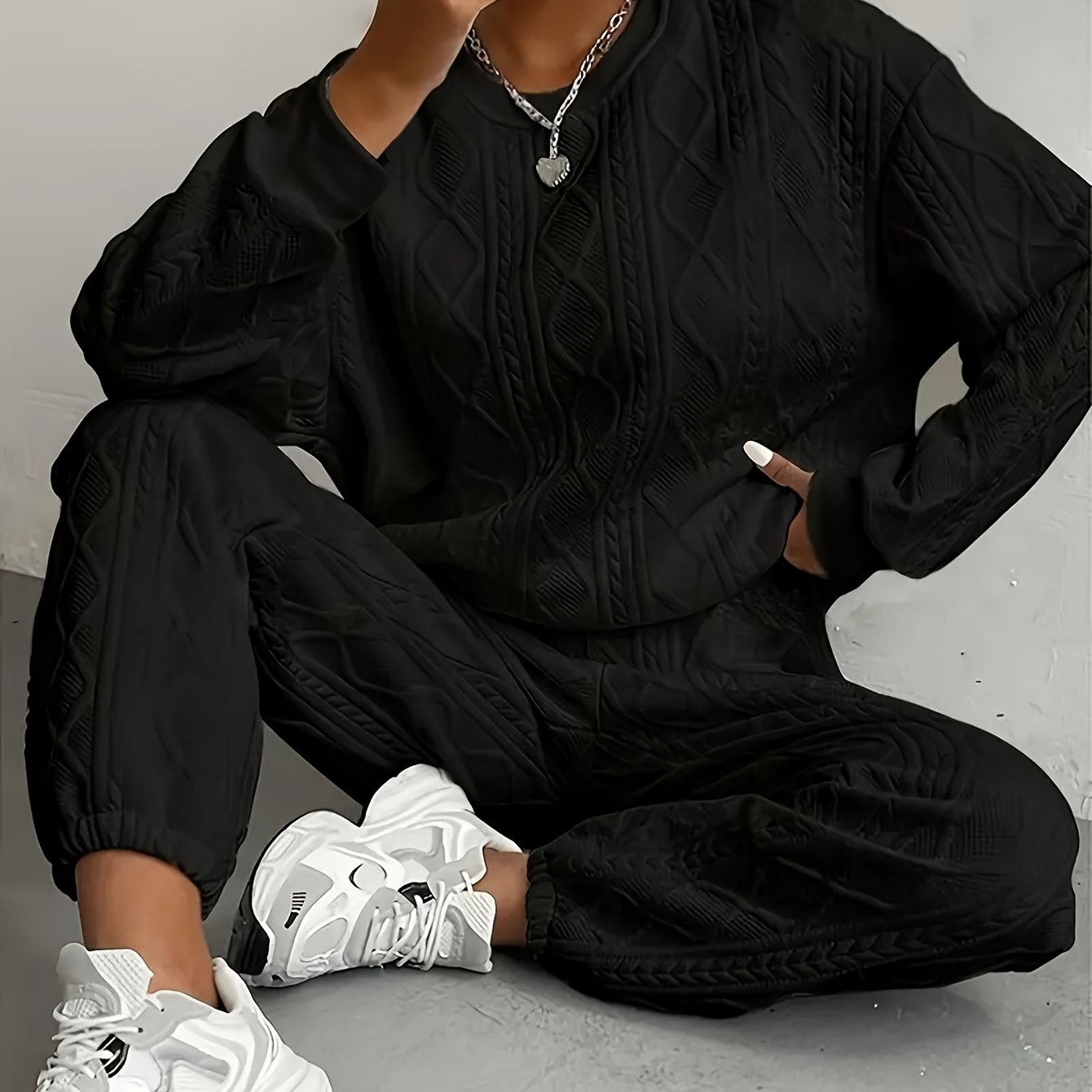 TEMU Women's Casual Pullover 2pcs Set, Suitable For Spring And Autumn, Consisting Of A Textured Long-sleeved Top And Jogging Pants