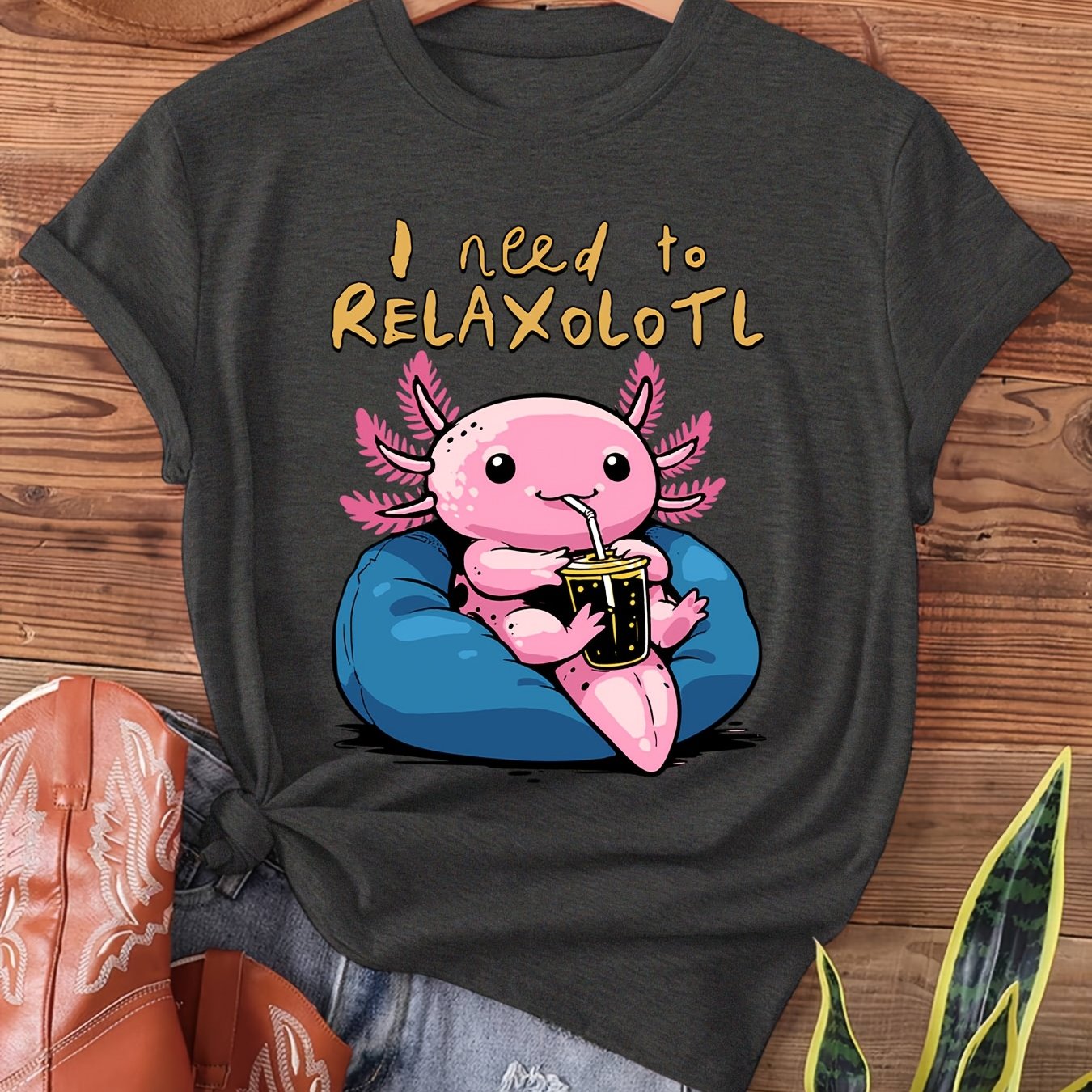 TEMU Axolotl Relaxing Print T-shirt, Short Sleeve Crew Neck Casual Top For Summer & Spring, Women's Clothing