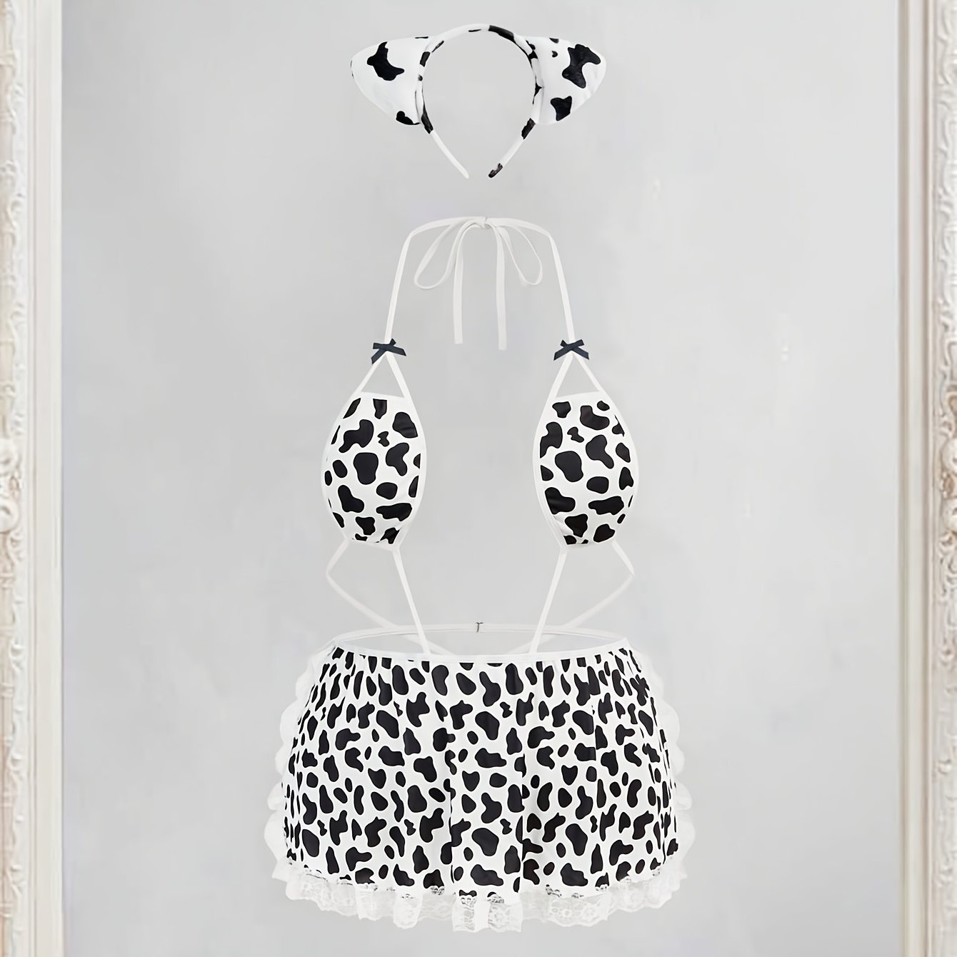 Image of 2pcs Plus Size Cow Print Lingerie Costume Set For Women, Halter Tie Teddy Bodysuit With Matching Apron And Cow Ear Headband, Strappy Role Play Outfit For Date Night