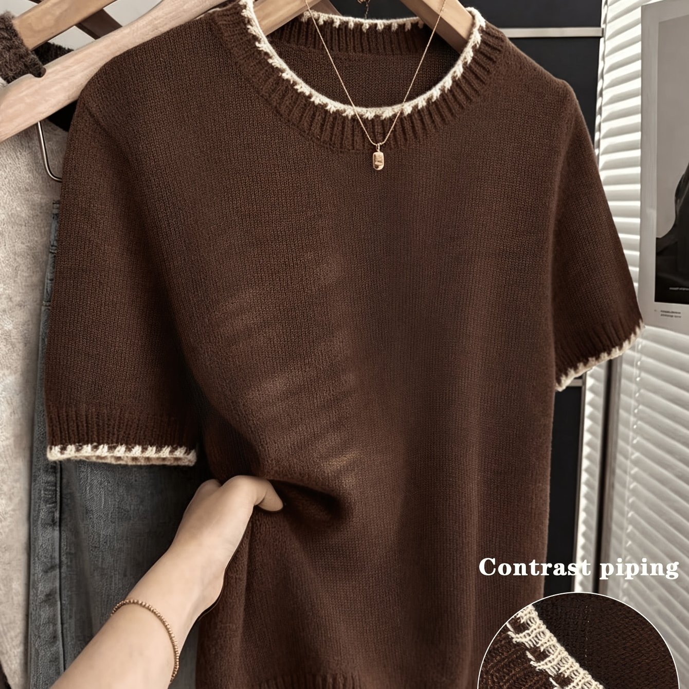 TEMU Plus Size, 2026 Spring/summer Korean Style Pullover T-shirt With Designer Ribbed Crew Neck And Spliced Short Sleeves, Casual And Versatile