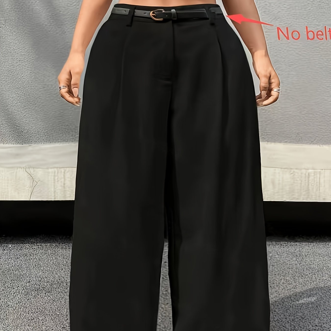 TEMU Plus Size - Women's High-waist Straight Pants, Black Casual Office Spring Autumn Loose Trousers Without Belt