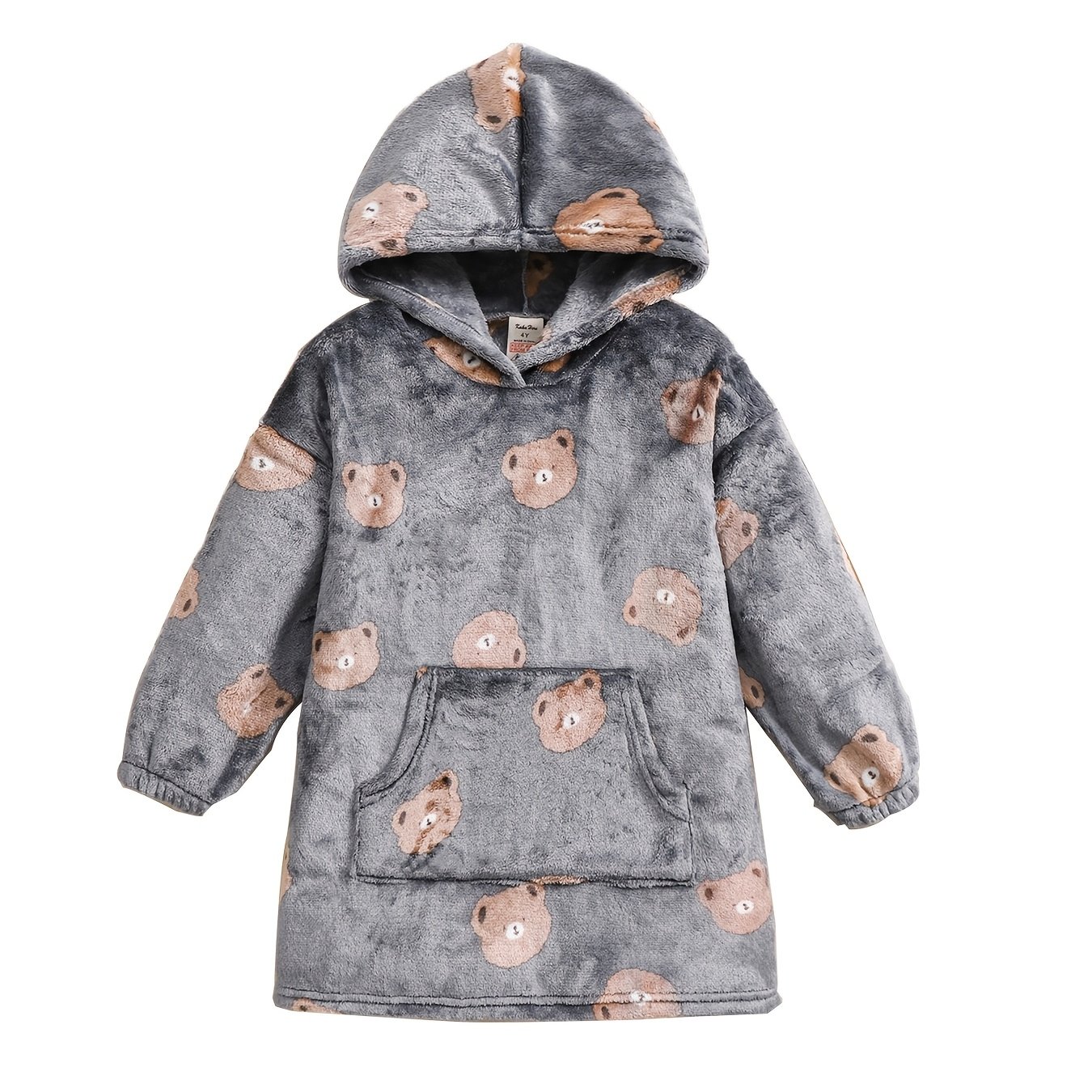 1pc Boys&#39; Novelty Bear Print Hooded Sweatshirt Blanket Coat - Soft Polyester, Long Sleeve, Round Neck, Regular Fit with Pocket, Knitted Fabric, * Party Sleepwear for Kids