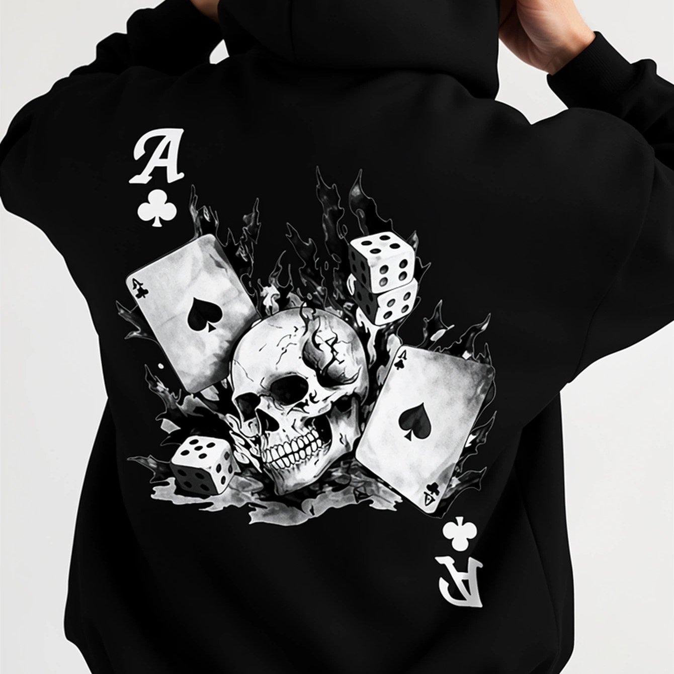 Image of Men's Gothic Skull & Playing Cards Print Hooded Sweater - Soft Loose Fit Long Sleeve Pullover, & Design, Casual , Ideal Gift For Men