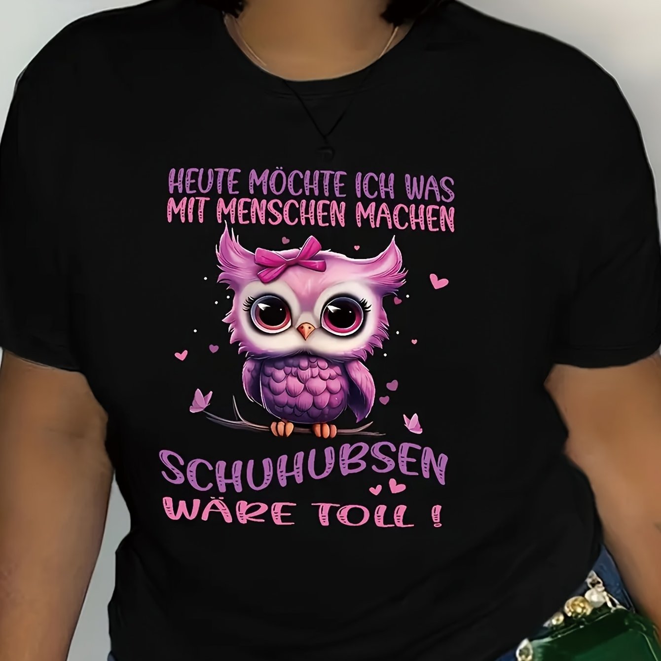 Image of Women' Owl Print Round Neck T-shirt - Casual Short Sleeve Blouse Top Suitable For Spring Summer Casual Attire - Machine Washable Owl-themed Tee