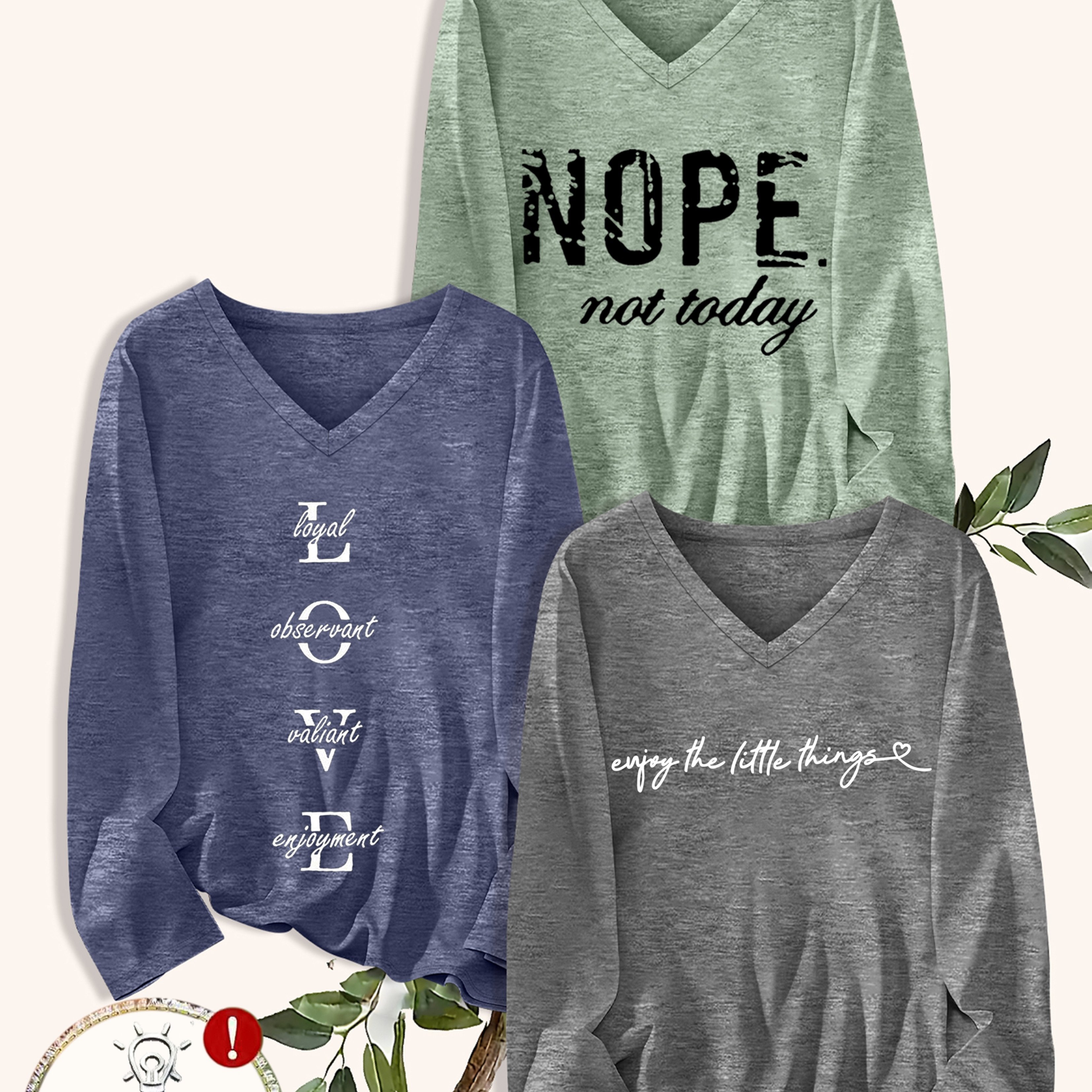 TEMU Plus Size - Plus Size - A Versatile Three-piece T-shirt Set For Women, Featuring A Stylish Letter Print Design. It Includes Long-sleeve V-neck
