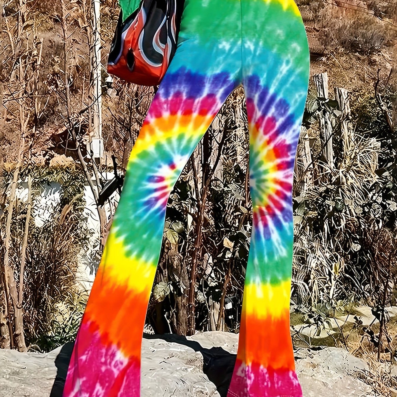 TEMU Ladies' High-quality Printed Flared Pants, Featuring A Slim Fit That The Figure. The Design Includes Colorful Floral Patches And Abstract