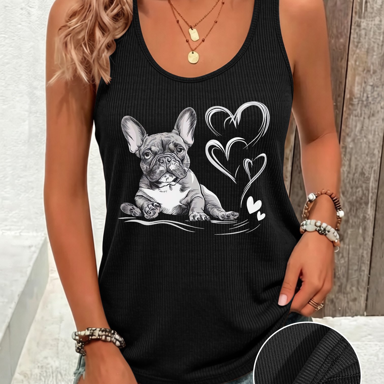 TEMU Women's French Bulldog Print Sleeveless Vest - Soft Breathable Ribbed Blouse Top With Frenchie & Heart, Machine Washable Suitable For Home,
