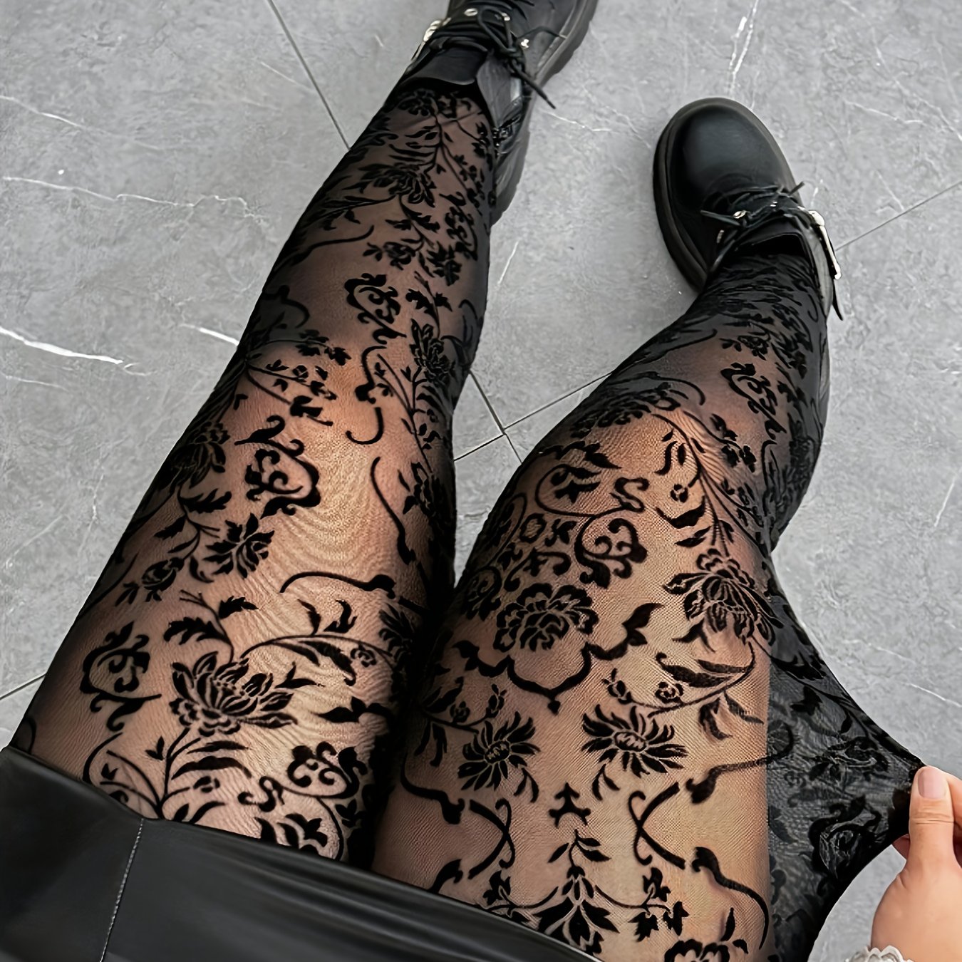 E-shop Damen-Leggings in Schwarz, durchsichtig mit beflocktem Aufdruck, maschinenwaschbar, modische elegante Leggings, , stilvoll, weich bequem,