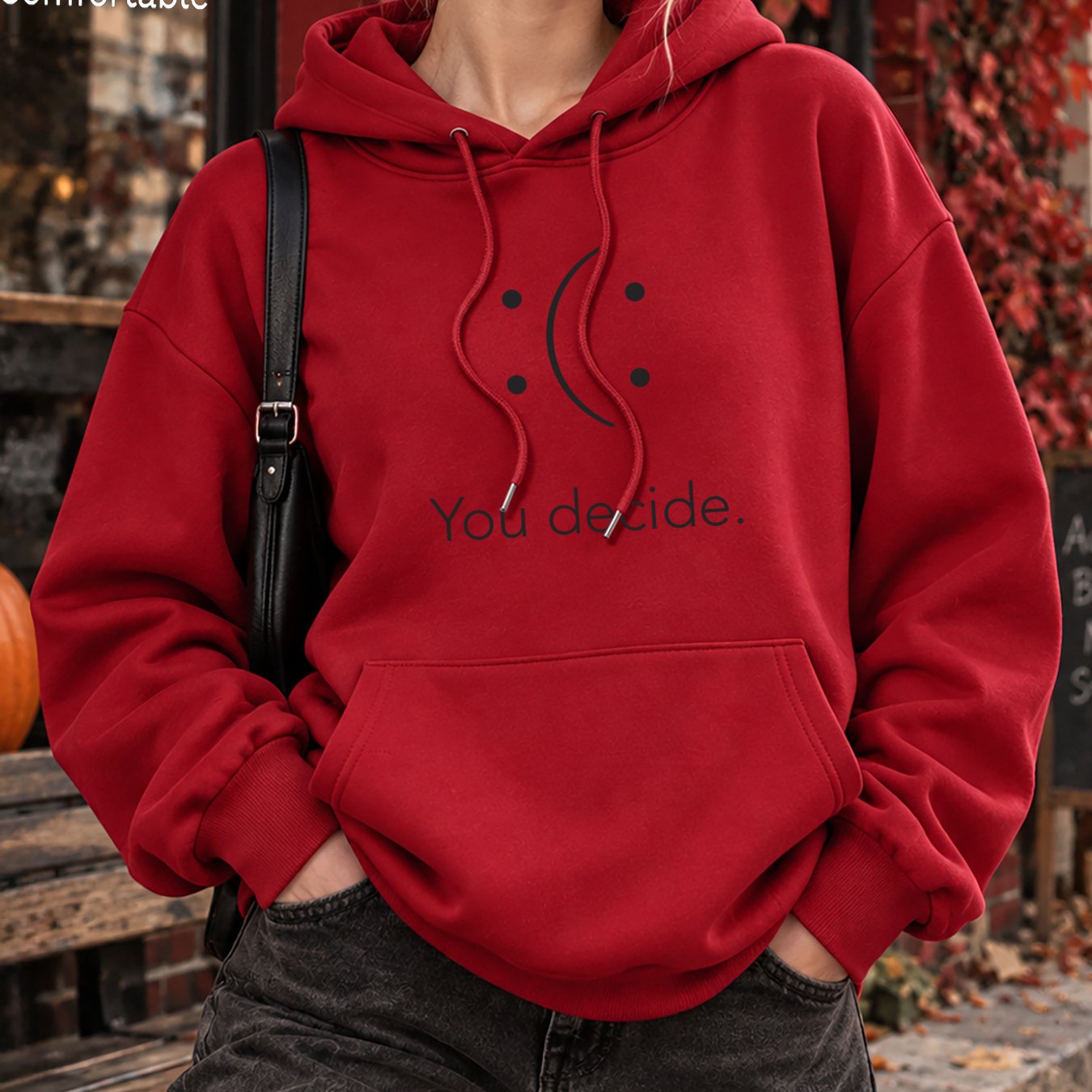 Image of Autumn Women's Fashionable Pocket Hoodie With Drawstring, Minimalist For Ladies, Abstract & "." Letter Print, Daily Wear , Loose Pullover Sweatshirt Jacket