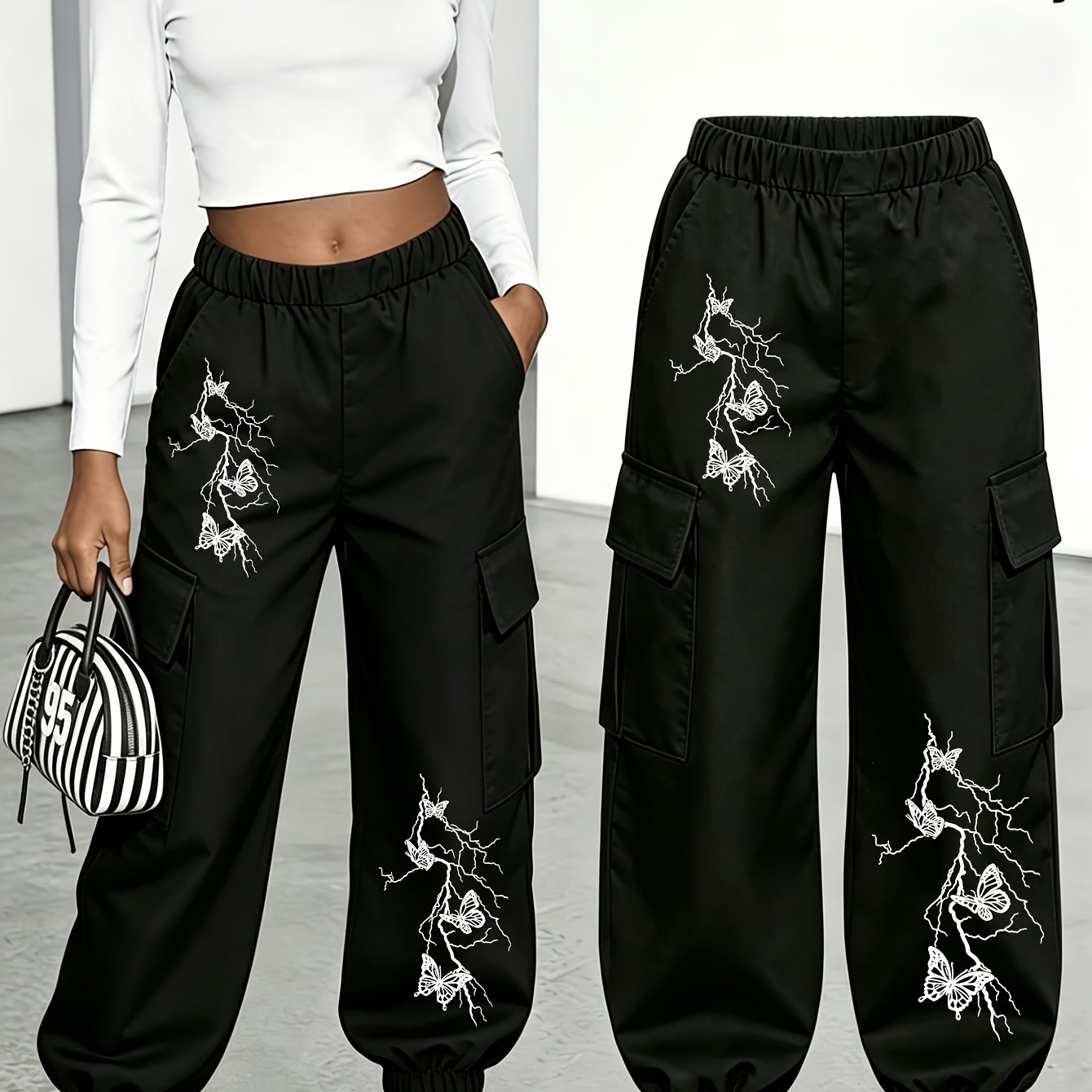TEMU Plus Size Women's Long Pants, White Line Lightning Vine Dark Niche Printed Ankle-cinching Cargo Trousers, Women's Multi-pocket Cargo Pants Style