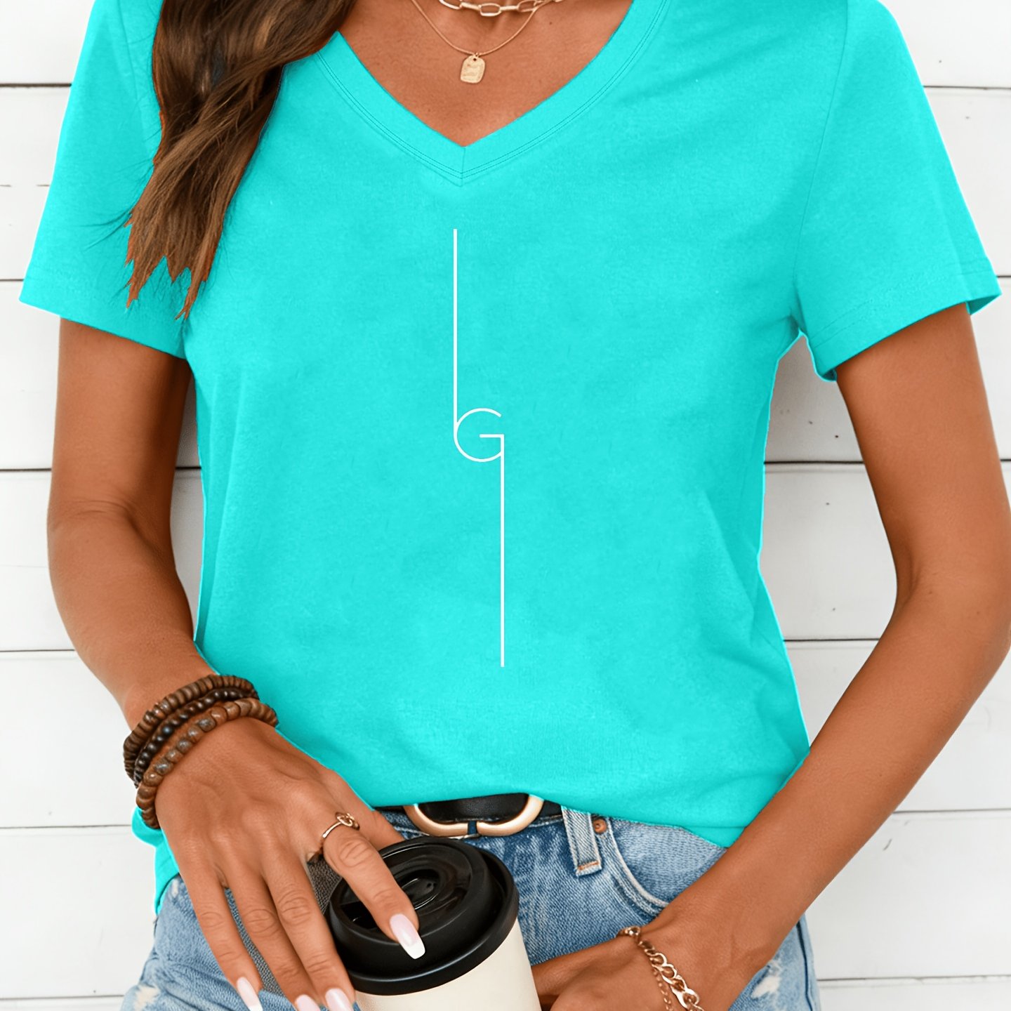 TEMU 15# V-neck T-shirt, Short Sleeve New T-shirt Top Women's Clothing, Summer Essential, Travel, Date, Mother's Day Gift, Vacation, Beach