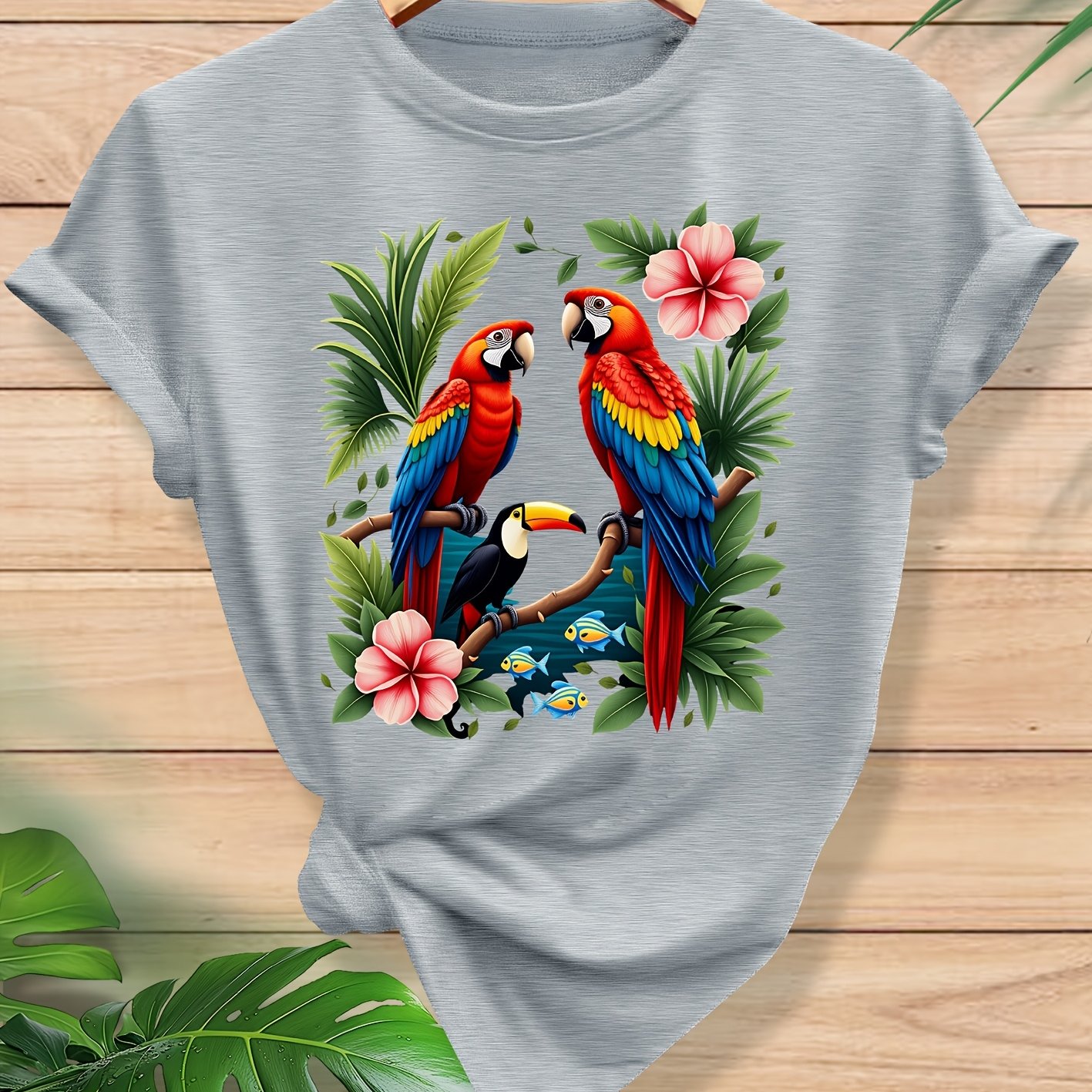 TEMU Tropical Parrot Print Fashionable And Elegant Women's Spring, Summer, Autumn Casual Sporty Style Top, Soft And Comfortable Round Neck Short