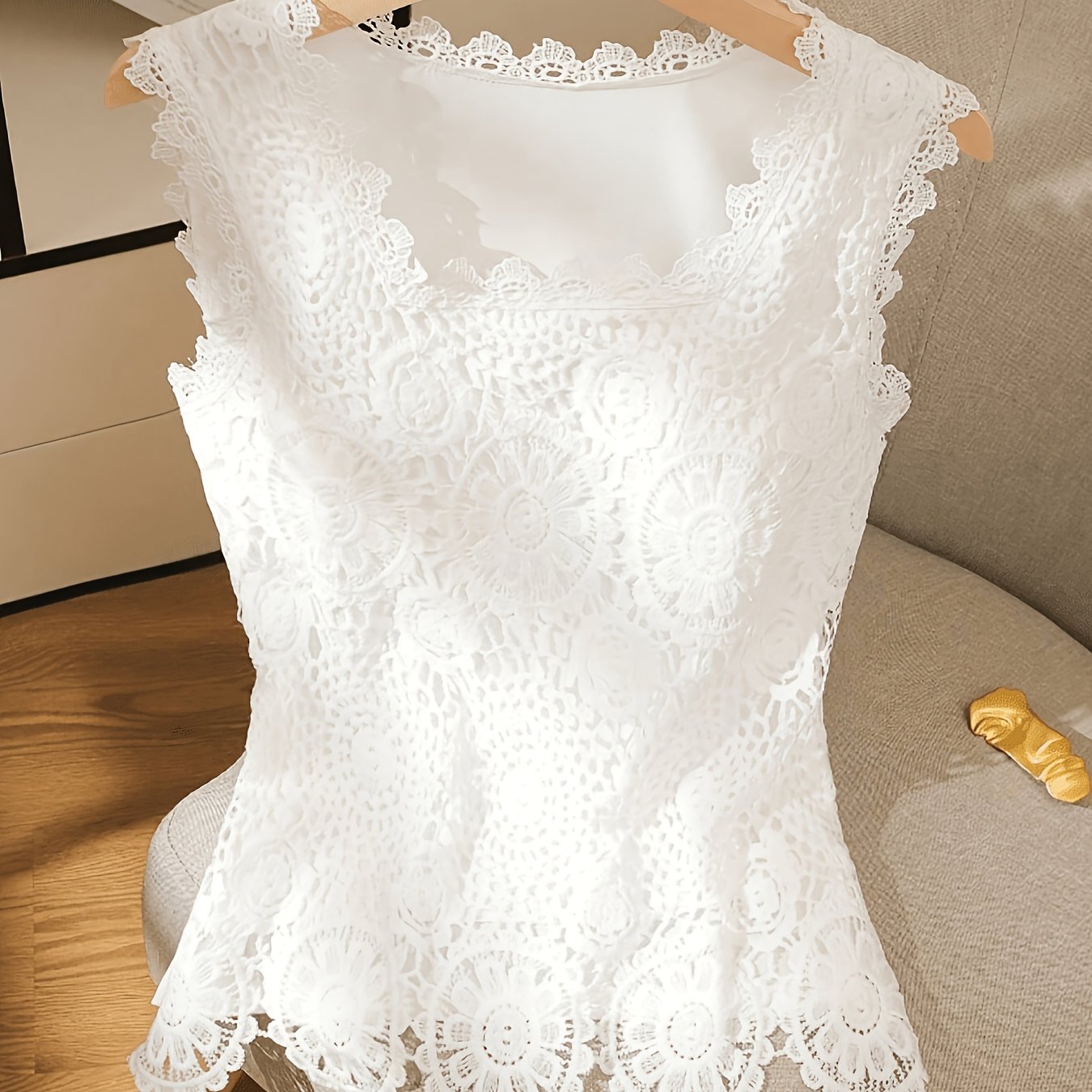 TEMU Women's Crochet Water-soluble Lace Camisole Top, Fashionable Sleeveless Design, Suitable For Summer Commuting And Dating Zllz