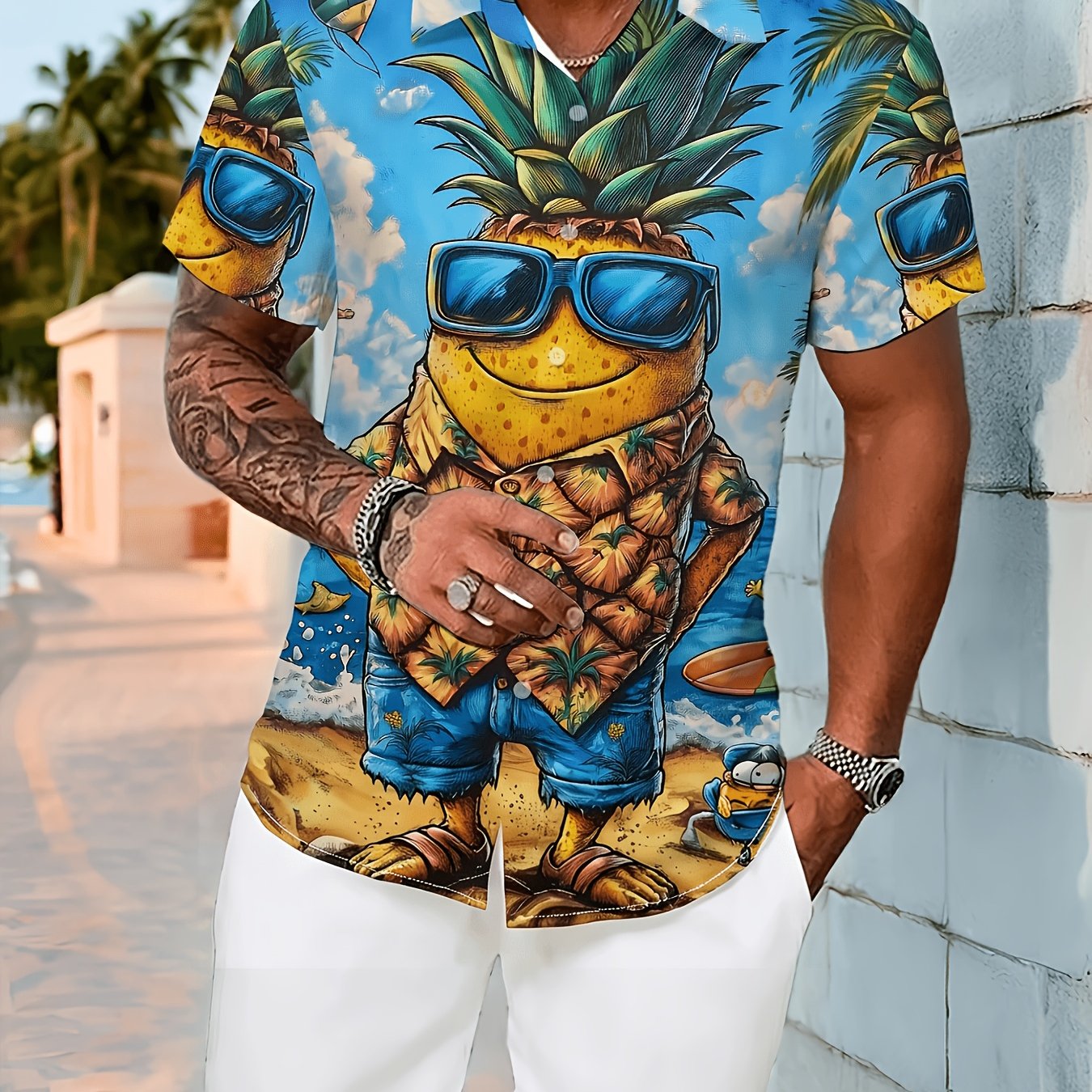 TEMU 1pc Men's Summer Casual Short Sleeve Hawaiian Pineapple Graphic Shirt - 3d Printed , 100% Polyester, Regular Fit Button-up Collar, Machine