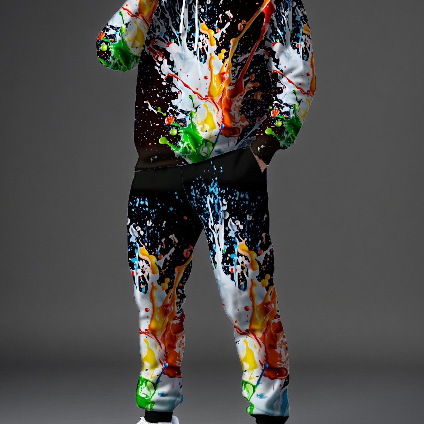 Image of 2pcs Men's Hoodie And Pants Set Colorful Ink Splash Print Pattern Casual Sports Trendy Men's Fashion Hooded Sweatshirt Set