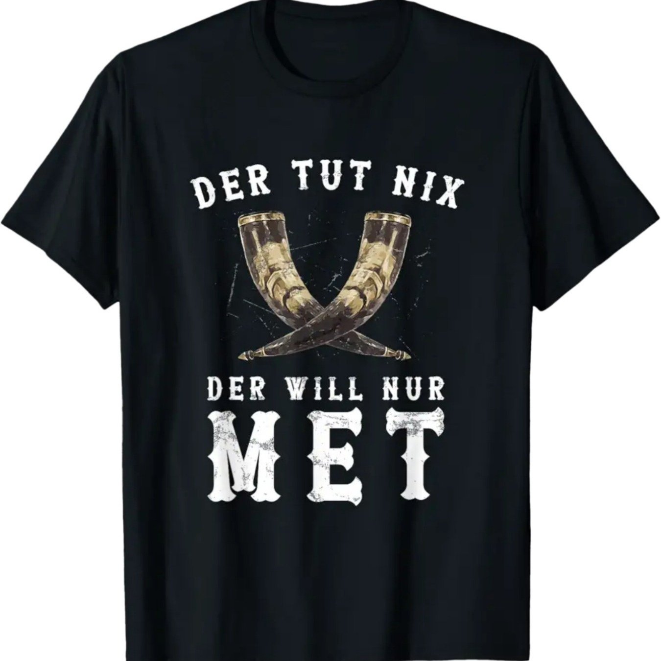 Image of Men's Viking German Text& T-shirt- Heavy Metal & Horned Helmet Print, German ("der Tut Nix Der Will"), Casual Round Neck Short Sleeve Tee For Themed Events, Costume Parties& Viking - Machine Plus Size