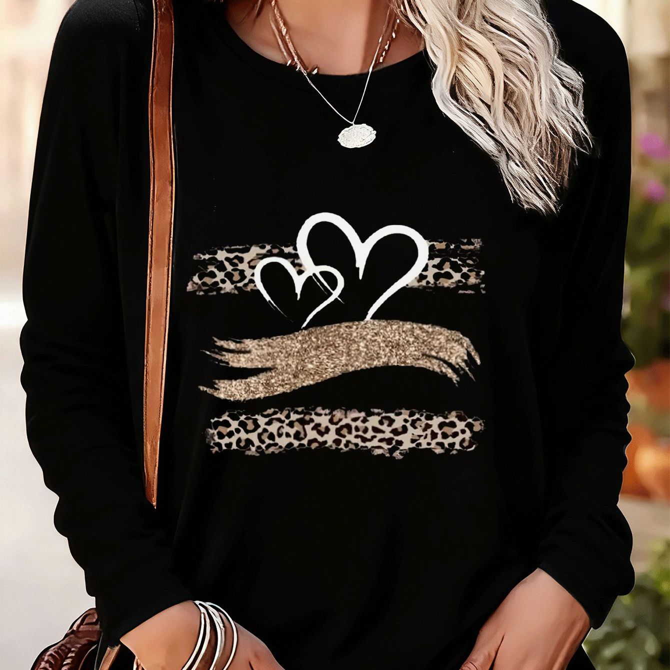 TEMU Plus Size, Women's Plus Size Long Sleeve T-shirt - & Leopard Graphic Round Neck Top, Comfy Chic Blouse For Curvy Women, Machine Washable Fall