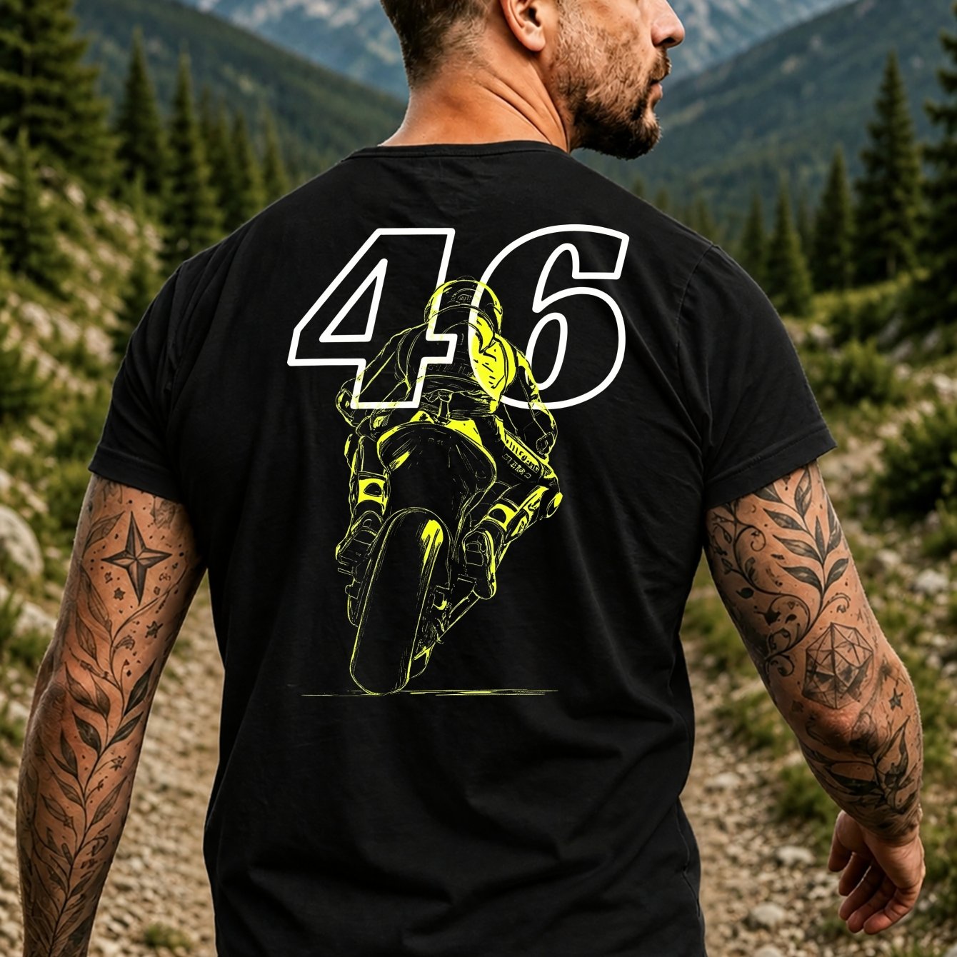 Number 46 Motorcycle Racer Graphic T-shirt, Large White Racing Number Neon Yellow Rider Sketch And Fan Style Men's T-shirt Back Print