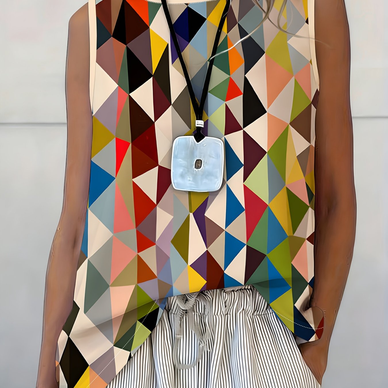 TEMU Geometric Pattern Sleeveless Top, Women's Summer Loose Fit Vest, Fashionable Casual Pullover