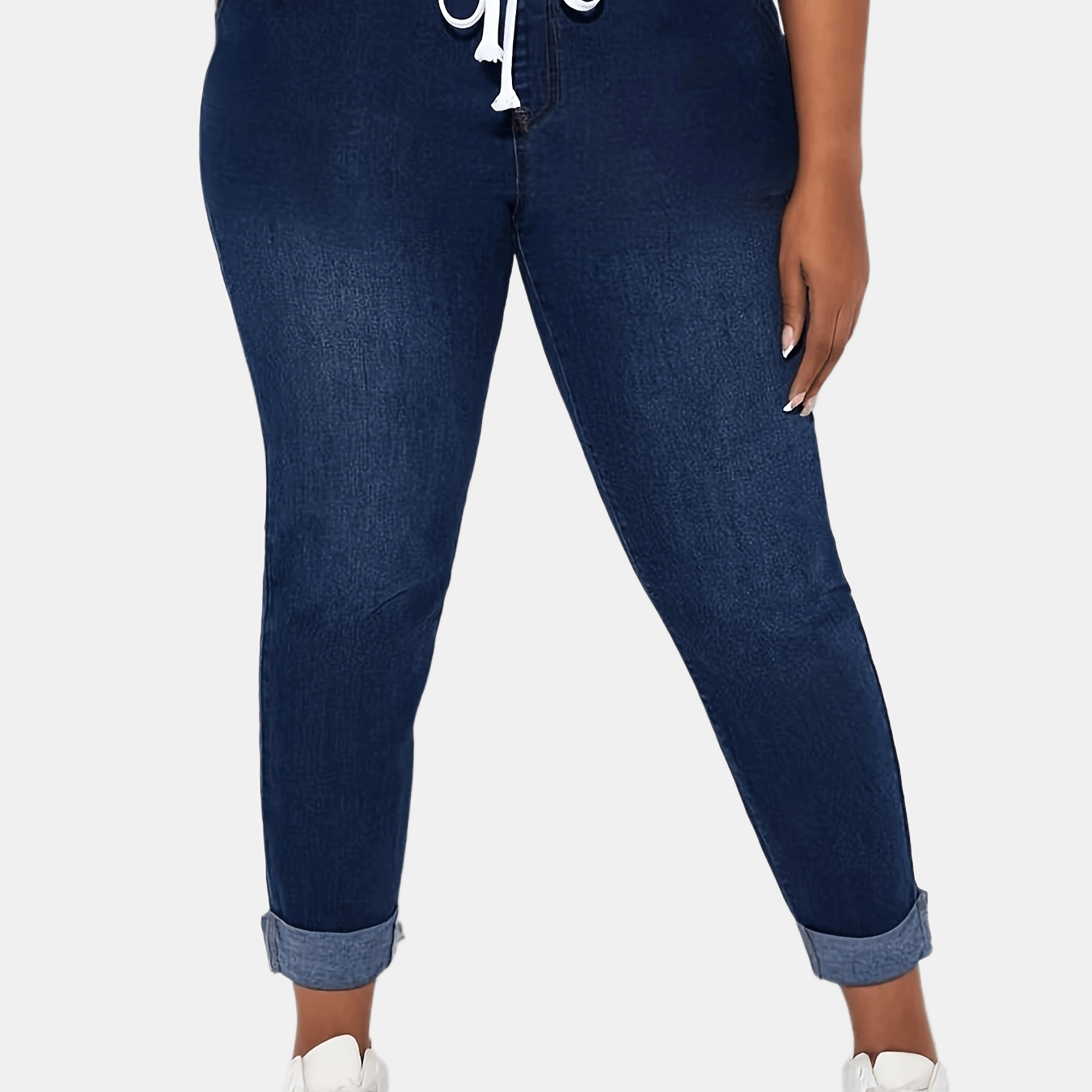 Image of Add Women's Trousers, Women's Washed Casual High-waisted Elastic Drawstring Hemmed Blue Trousers And Clothing Denim Jeans