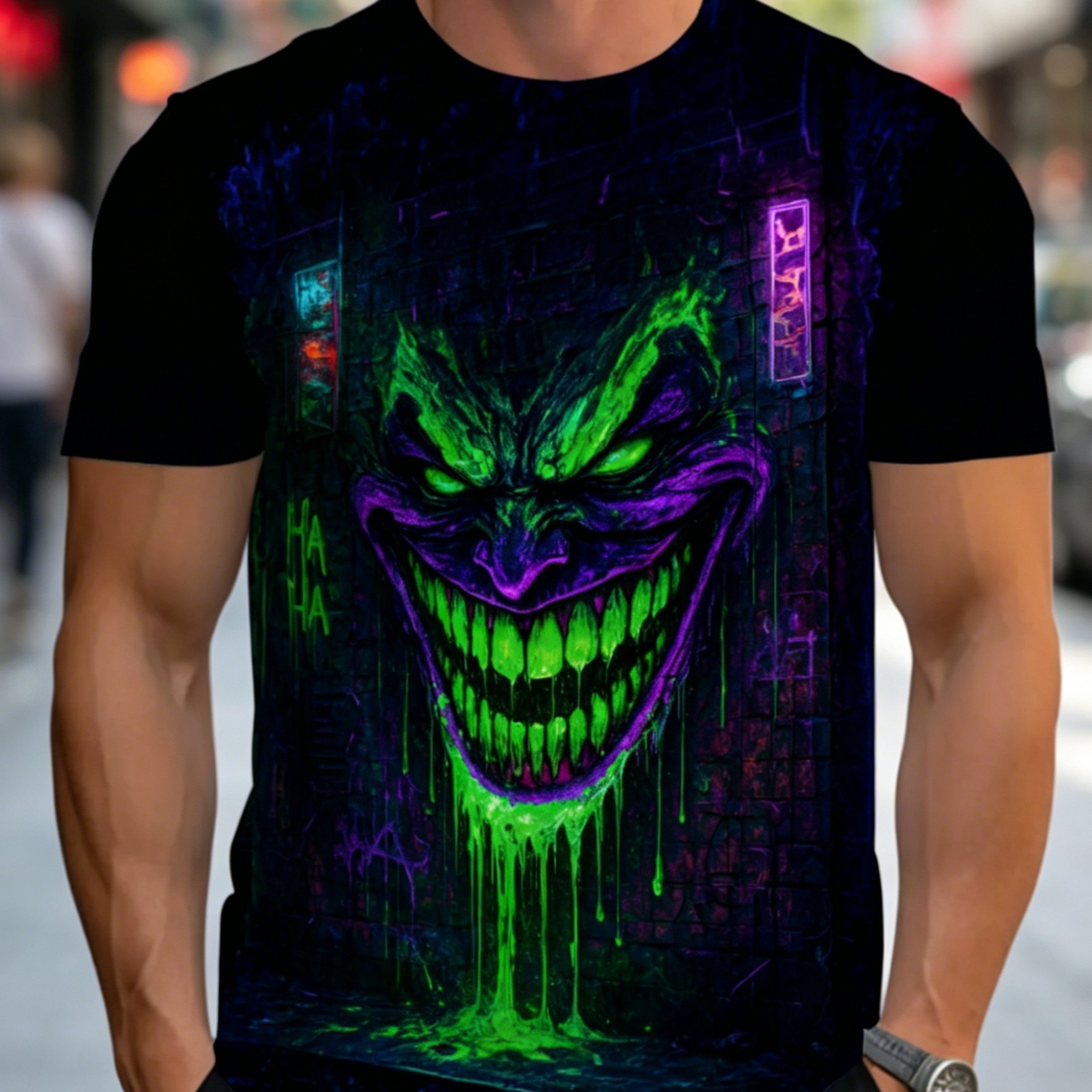 TEMU Men's T-shirt, Men's Fashion Tee, Neon Green And Purple Clown , Suitable For Casual Wear At Restaurants, Living Rooms, Or Outdoor Activities.