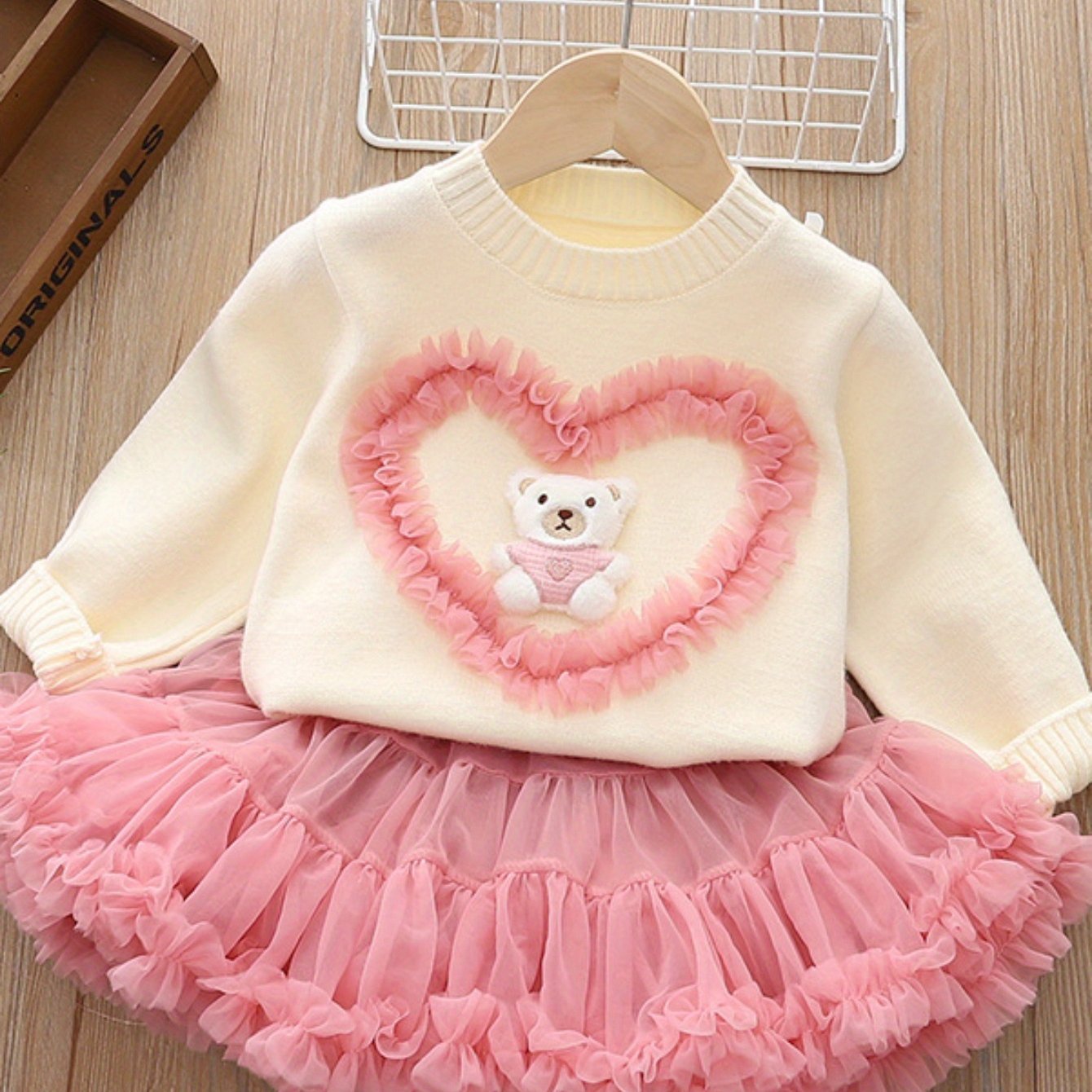 Image of Girls' Hooded Heart Sweater Set 2024 Autumn Winter New Tulle Skirt 2pcs Outfit Dress Doll Knit Top Short Skirt