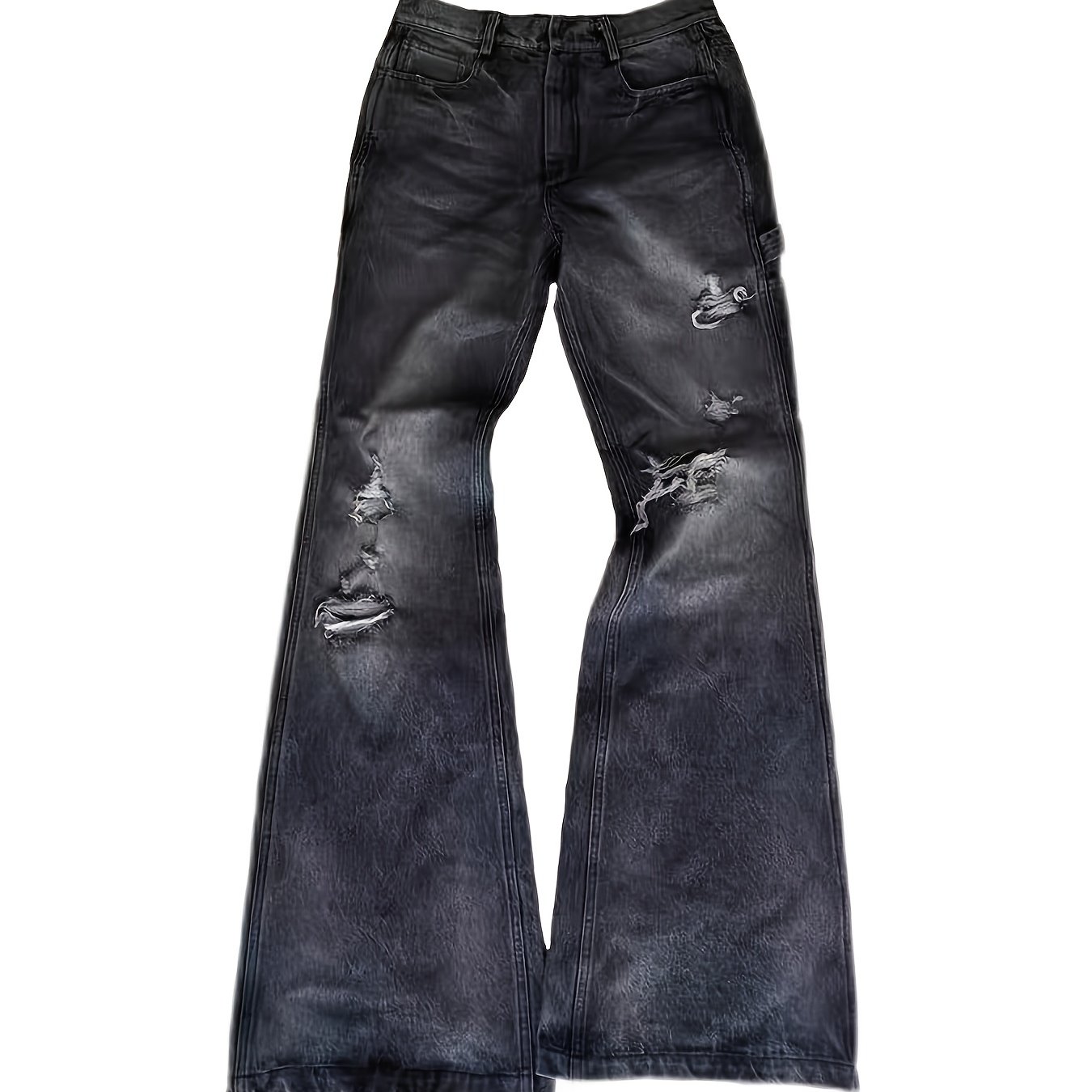 Image of Hme Men's Black Vintage Washed Flare Jeans, Distressed Ripped Bell Bottom Denim Pants With Frayed Details, Slim Fit Bootcut Trousers, Retro Streetwear Fashion For Hip Hop & Gothic Style