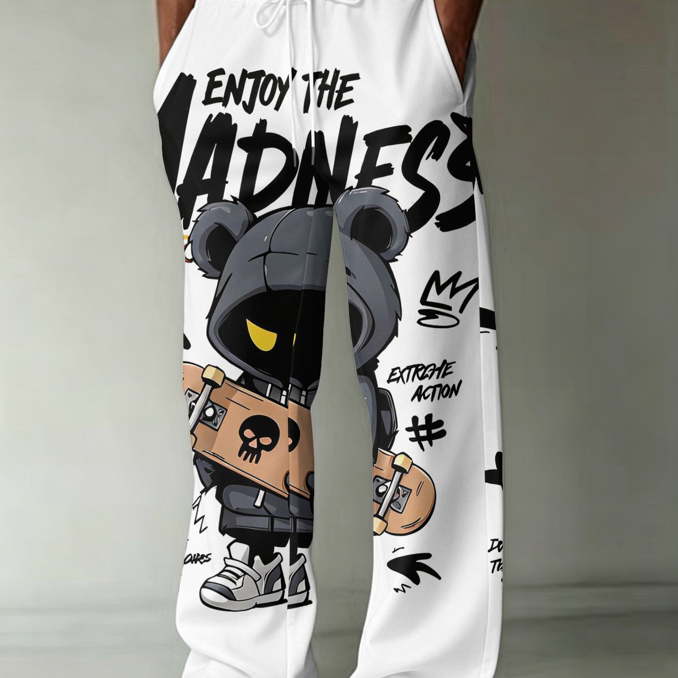 TEMU Men's Fashion Printed Long Pants With Cartoon Bear Wearing A Hat And Holding A Skateboard, Featuring The Text "enjoy The ," Trendy Pattern, With