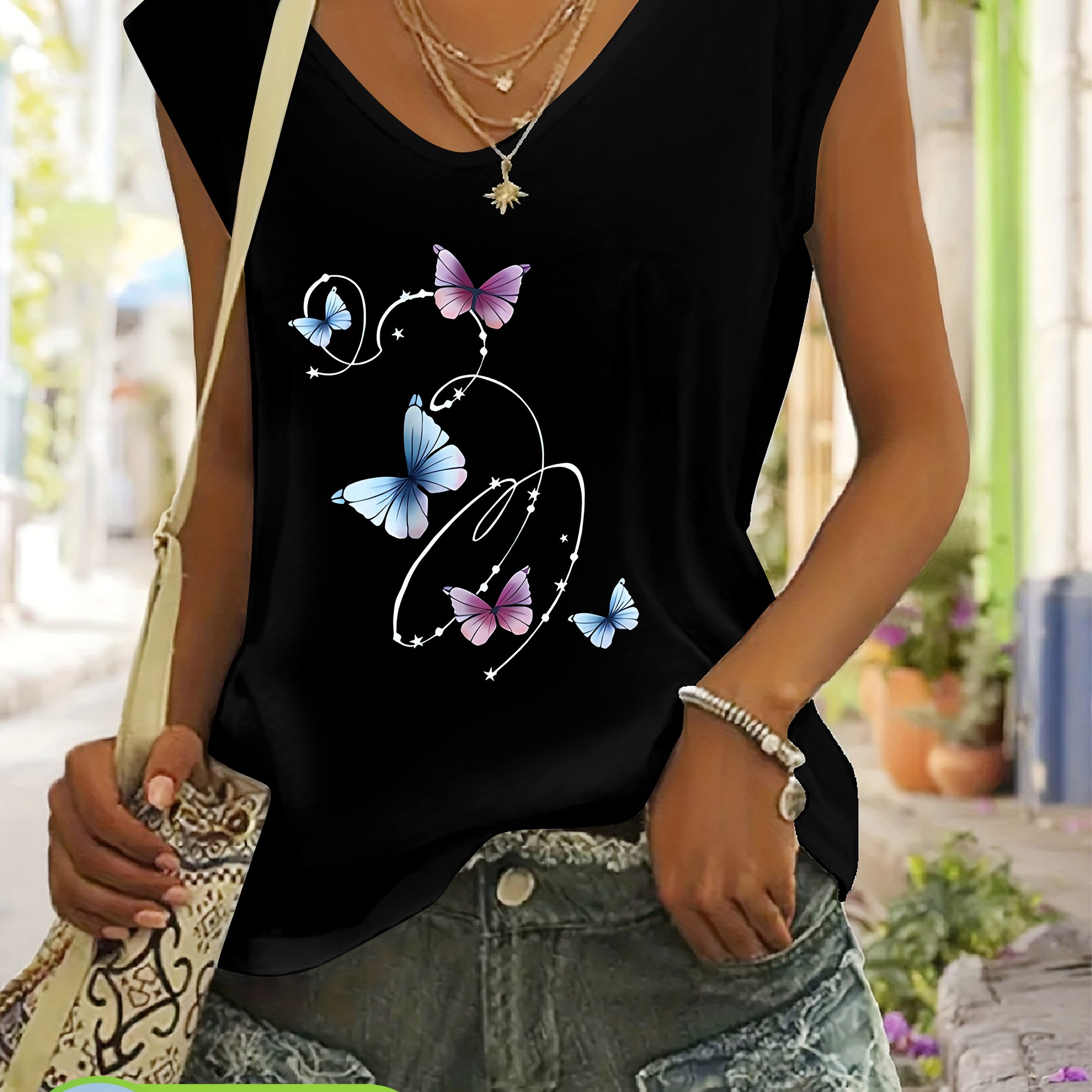 Women's Sleeveless V-neck T-shirt Made Of 100%, Featuring A Blue-purple Print Design, Perfect For Comfortable And Breathable Casual Wear At Home Or On The Go