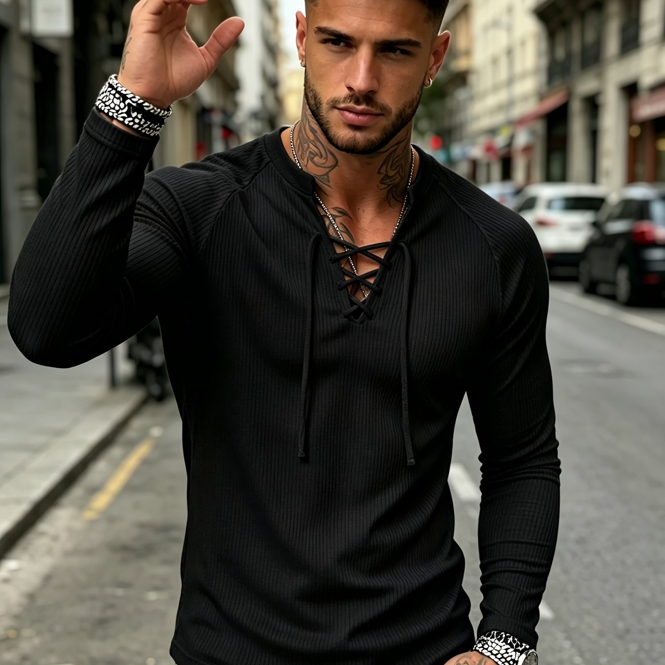 TEMU [qiaoximei Obm] Capless V-neck With Drawstring Style Men's Drawstring Neck T-shirt, Vertical Stripe Texture, Easy Yet Non-easy Design Statement