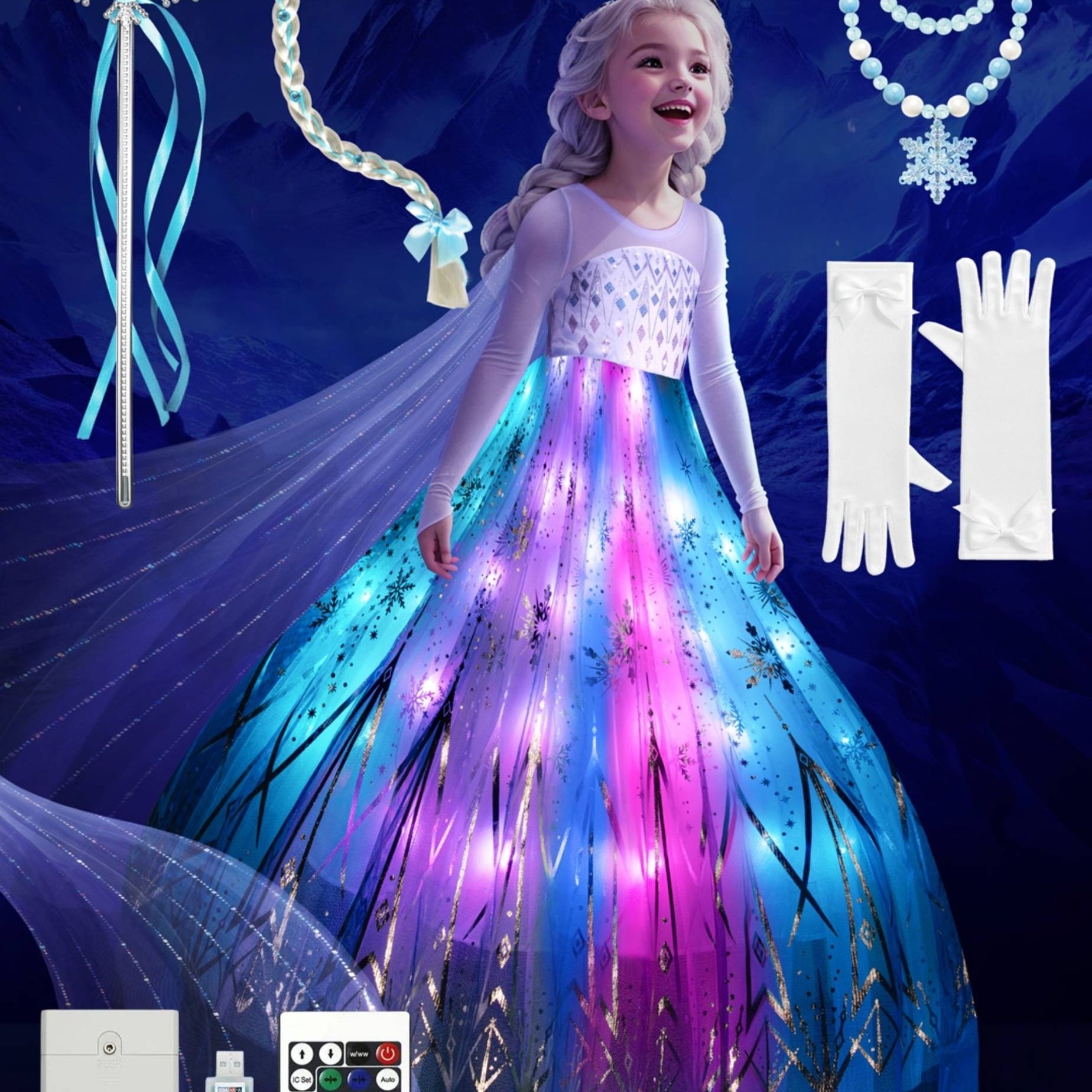 TEMU Princess Dress Up Costume For Girls, Led Light Up Girls Halloween Christmas Costume For Kid Dress Up Clothes For Birthday Party, App-controlled
