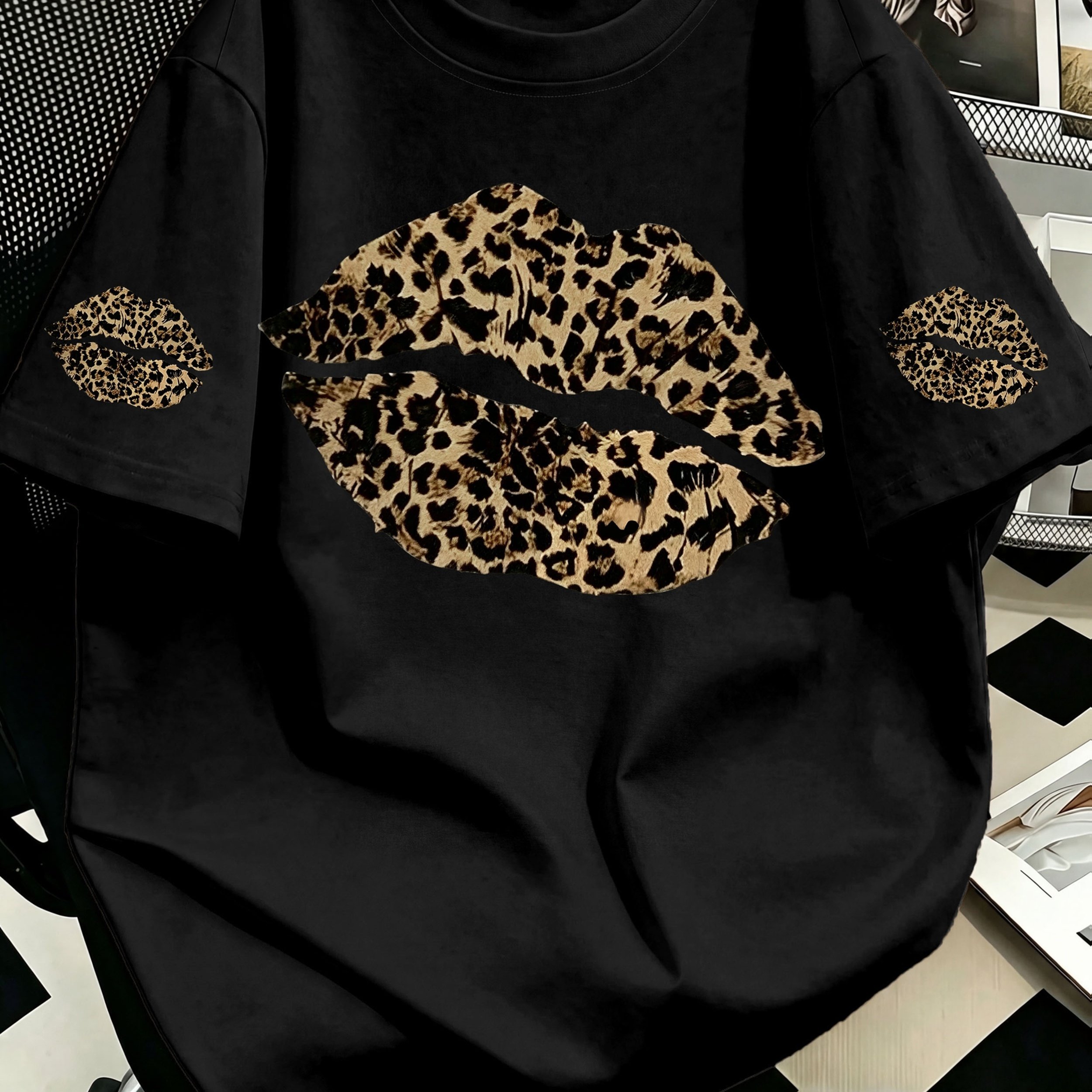 TEMU Plus Size Women's Round Neck Leopard Print Lips Pattern Casual Versatile Daily Short Sleeve T-shirt, Suitable For , Beach Holiday, Spring Break,