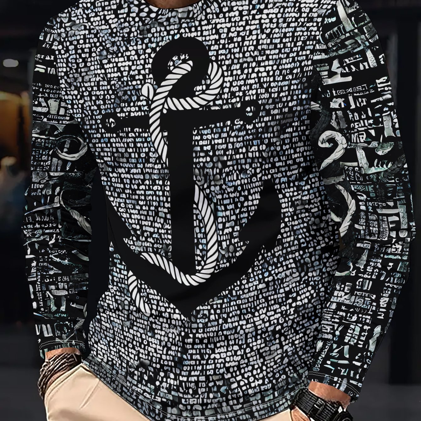TEMU Men's Casual Long Sleeve T-shirt, Black And White With Anchor And Rope Center, Surrounded By Intricate Text Patterns, Soft And Comfortable,