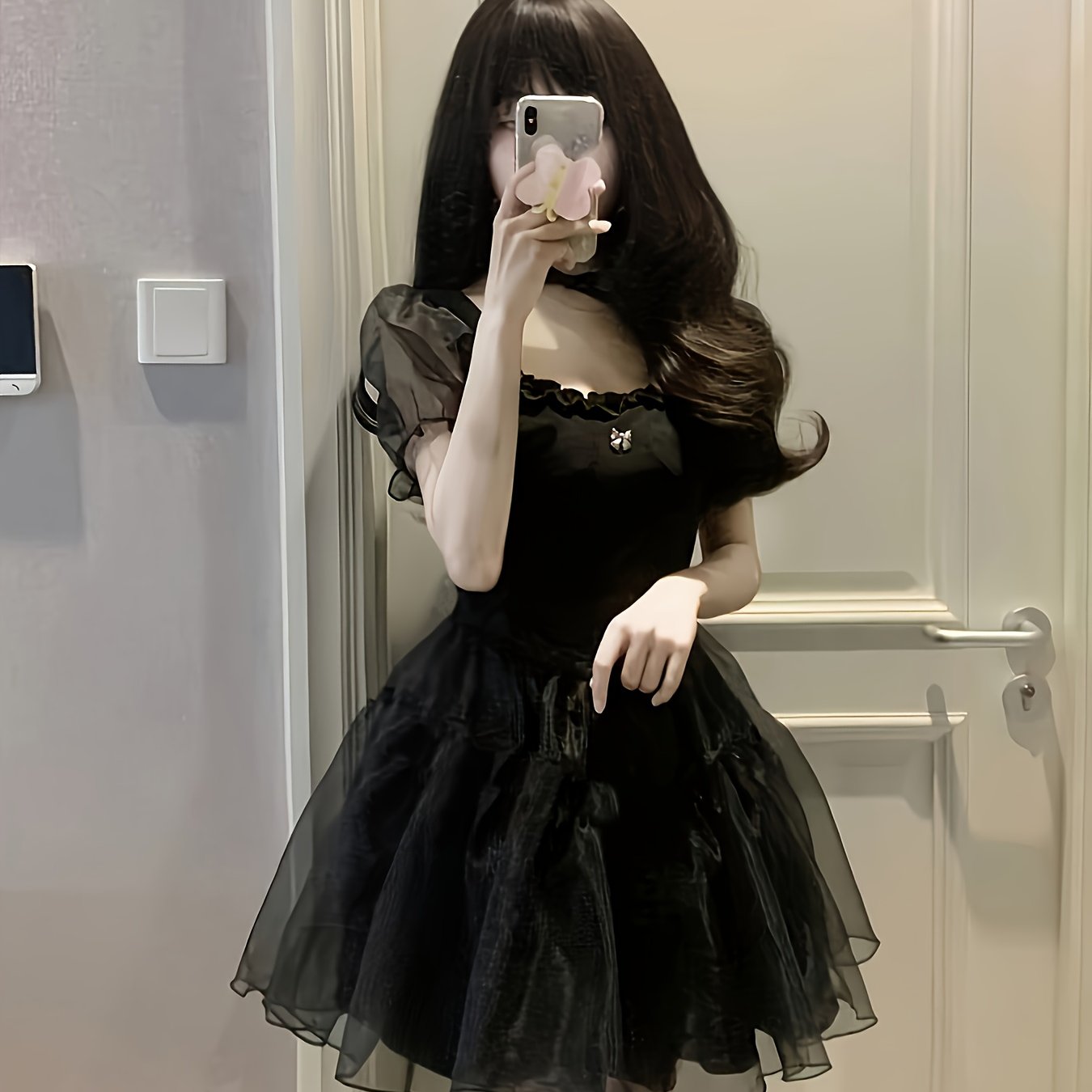 TEMU Puff Sleeve Black Dress For Women In Summer French Style High-end Temperament Puffy Princess Dress With Waist And Short Skirt For Small Person