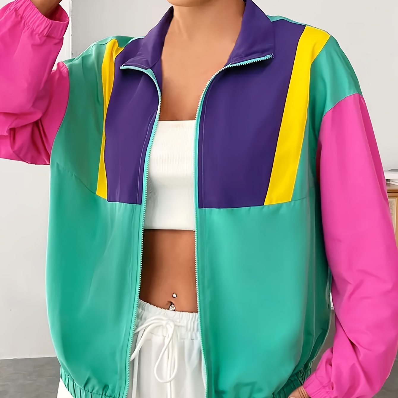 TEMU Women's Casual Color-block Zip-up Jacket