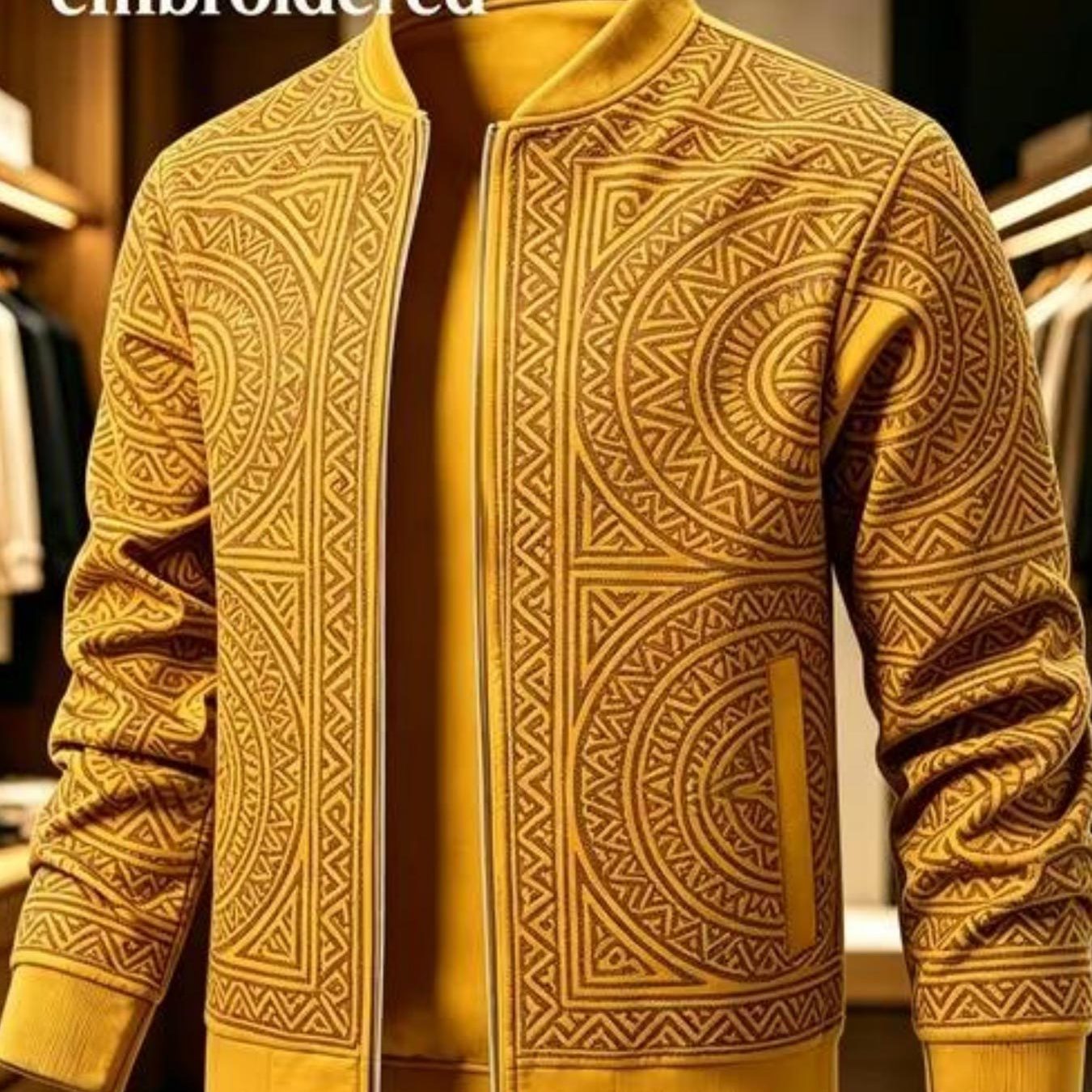 TEMU Men's Stand Up Collar Zipper Sports Jacket Golden Tribal Geometric Pattern Perfect For Outdoor Activities And Streetwear
