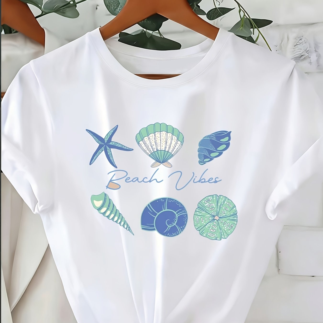 TEMU Camiseta para mujer de cuello y manga corta, estampado de y conchas, estilo playero casual