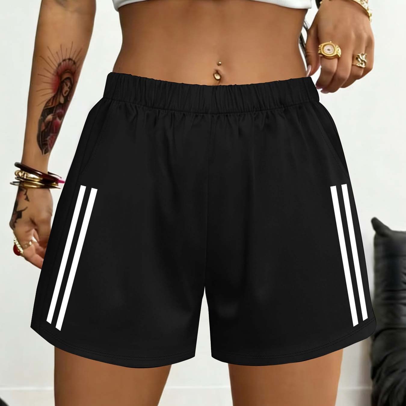 E-shop 2026 Frühling/Sommer Neue Damenhosen Minimalistische Mode Weiß Gestreift Druck Leichte Tägliche Home Freizeit Bequeme Elastische Bund Shorts mit