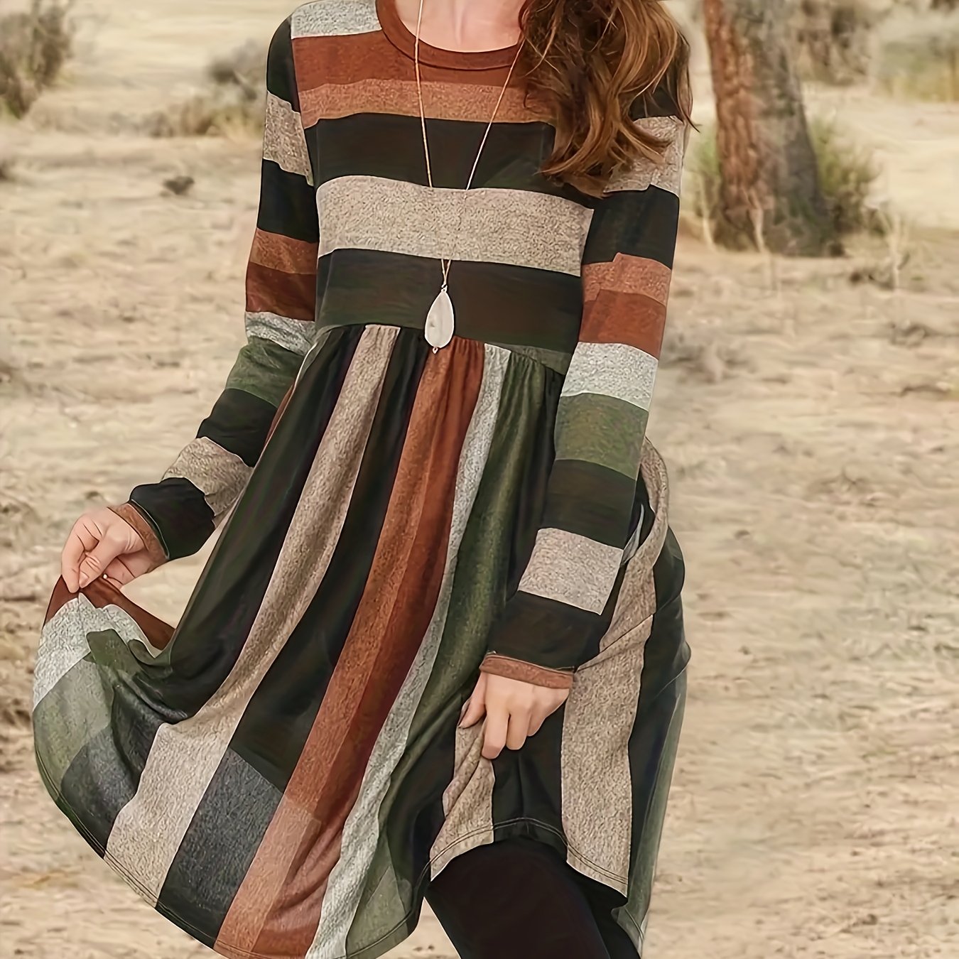TEMU Plus Size Autumn-winter Color-block Striped Long-sleeve Dress, Loose & Figure-flattering Women's Dress, Versatile Retro- Neck Mid-length Dress