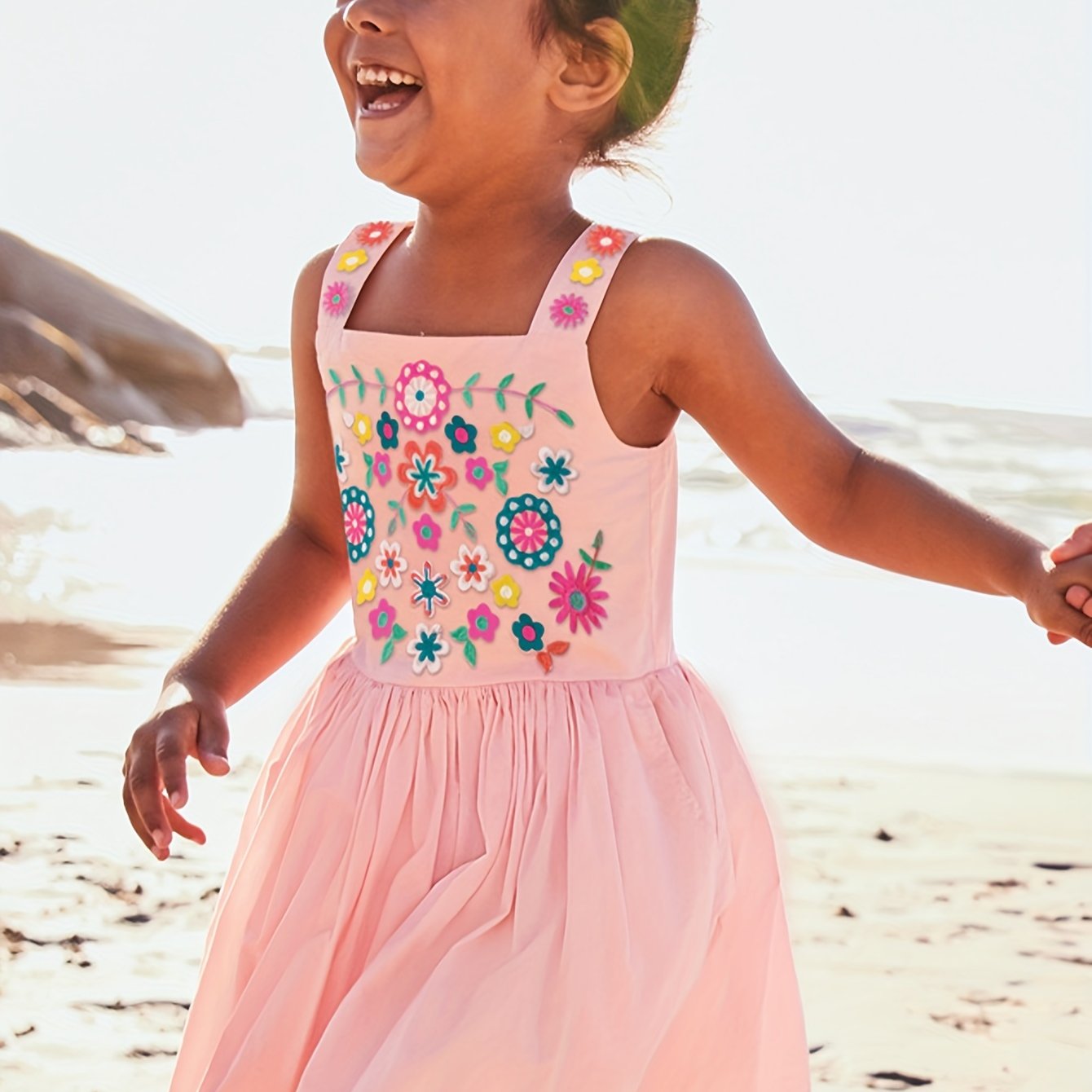 Summer Girls' Camisole Dress With Cute Cartoon Embroidered Flowers, Soft Slim-fit Sleeveless Dress For Children