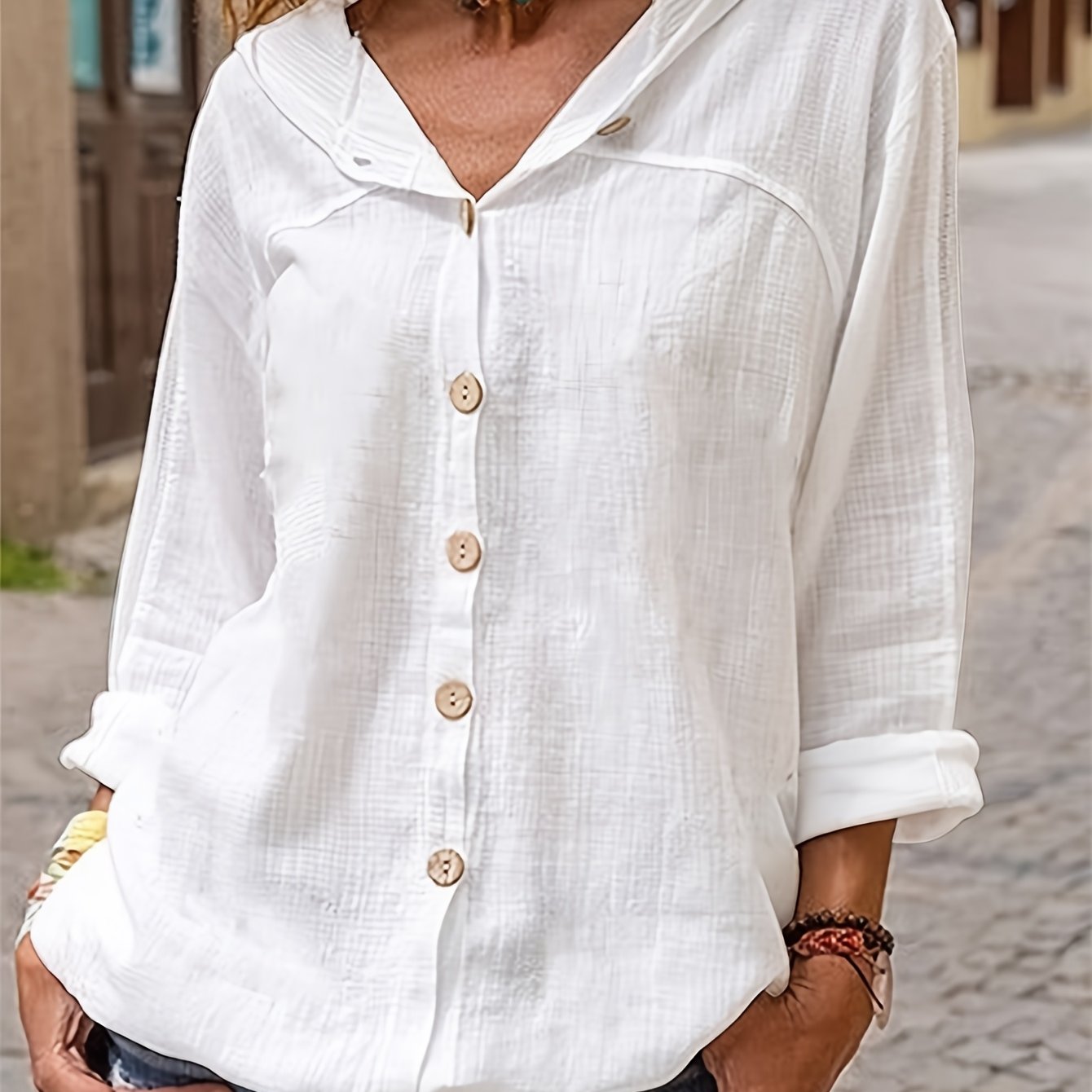 Solid Color Loose Fit Hooded Long Sleeve Shirt