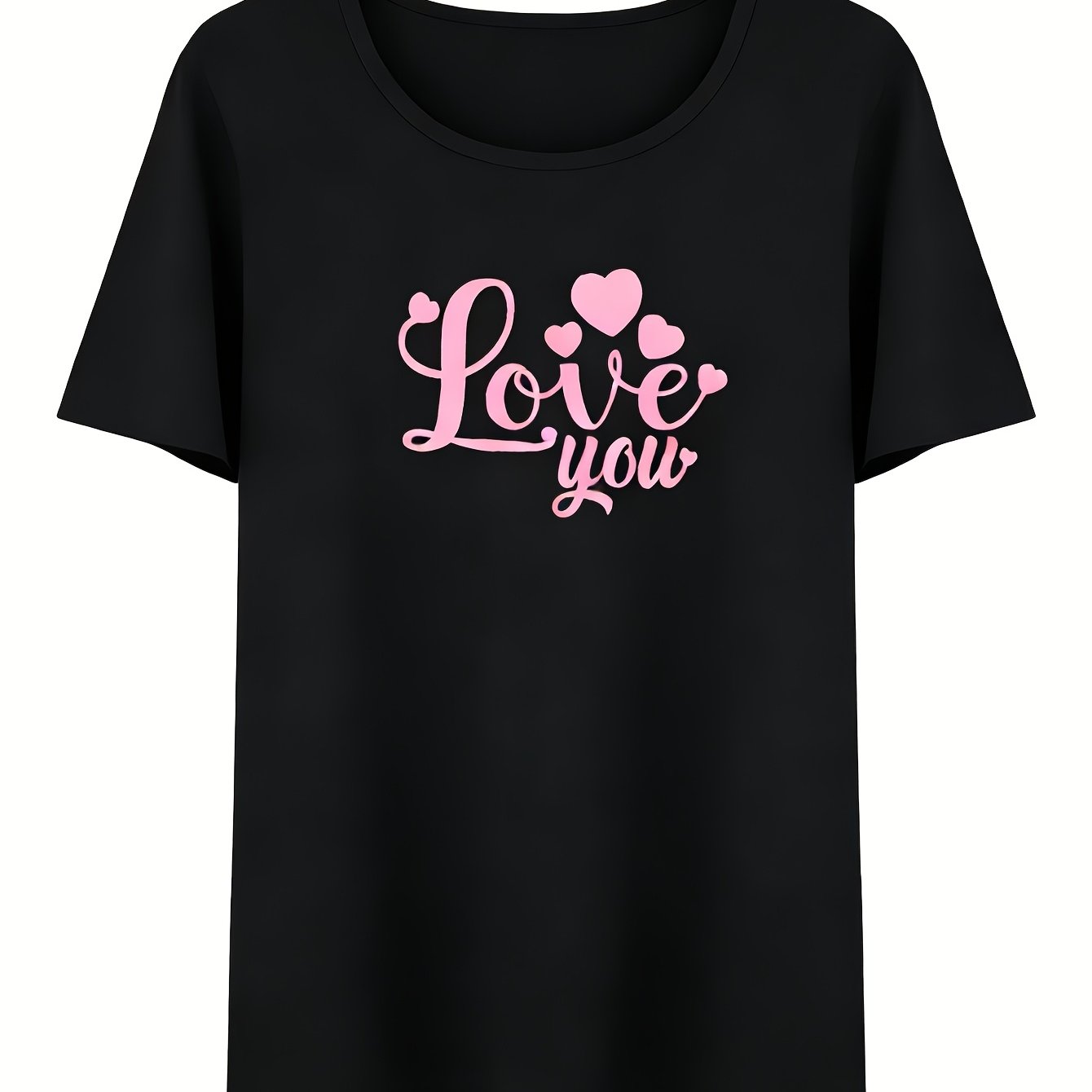 TEMU Single Round Neck T-shirt, Women's Casual "love You" Print Black Round Neck Short Sleeve Pink Base Black Heart Full Print Pajamas(only Top)